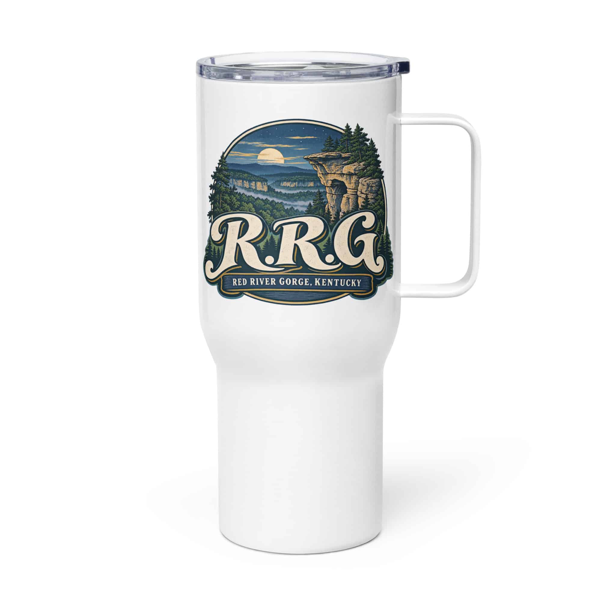 Red River Gorge Travel Mug: R.R.G, Woodland Scenic Lettering