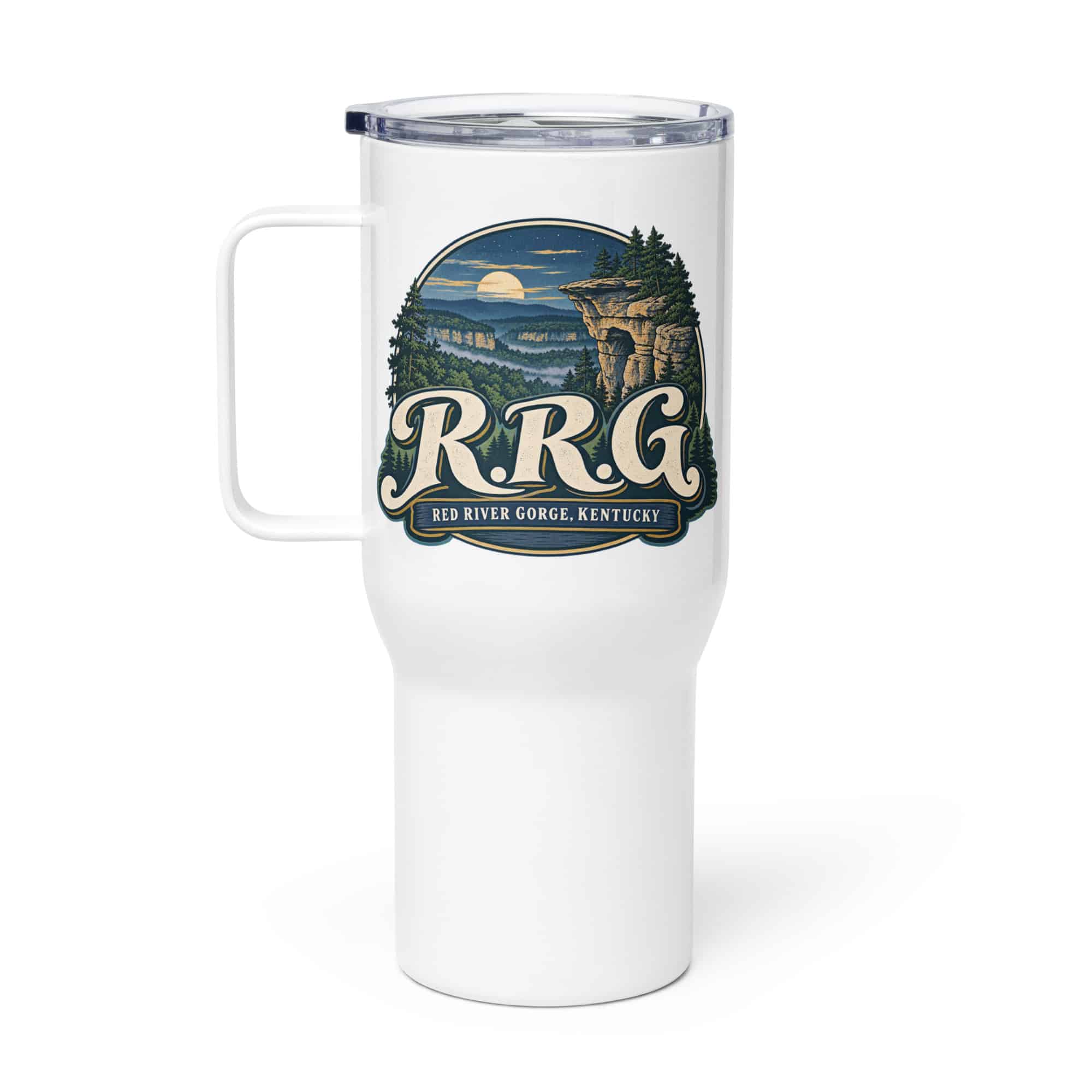 Red River Gorge Travel Mug: R.R.G, Woodland Scenic Lettering