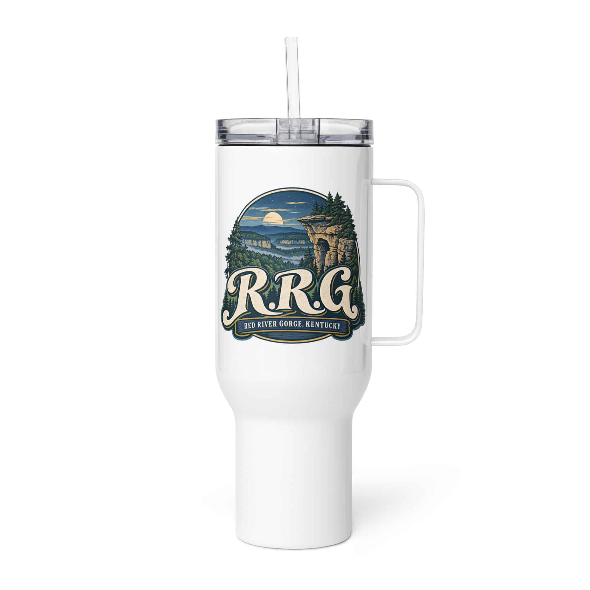 Red River Gorge Travel Mug: R.R.G, Woodland Scenic Lettering