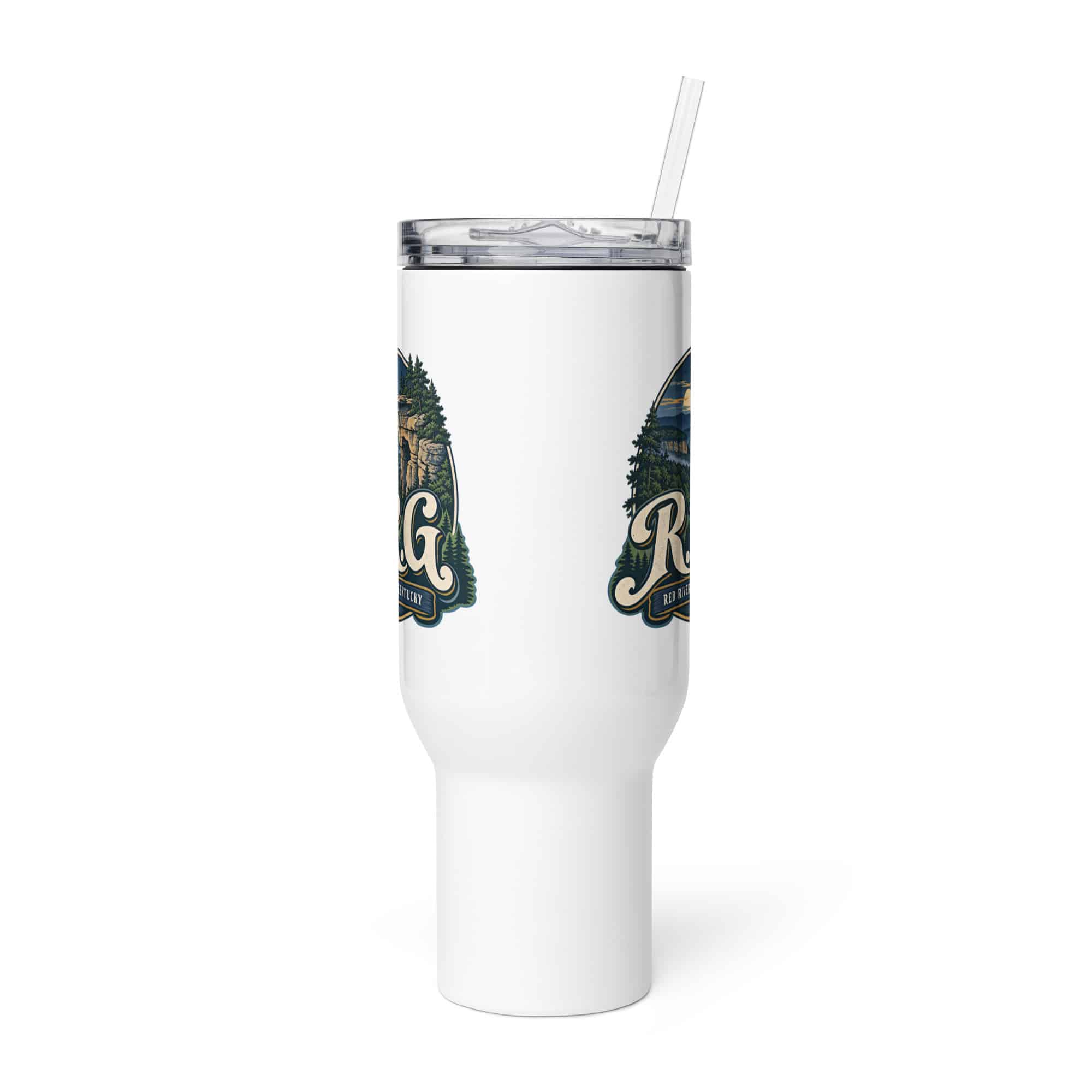 Red River Gorge Travel Mug: R.R.G, Woodland Scenic Lettering