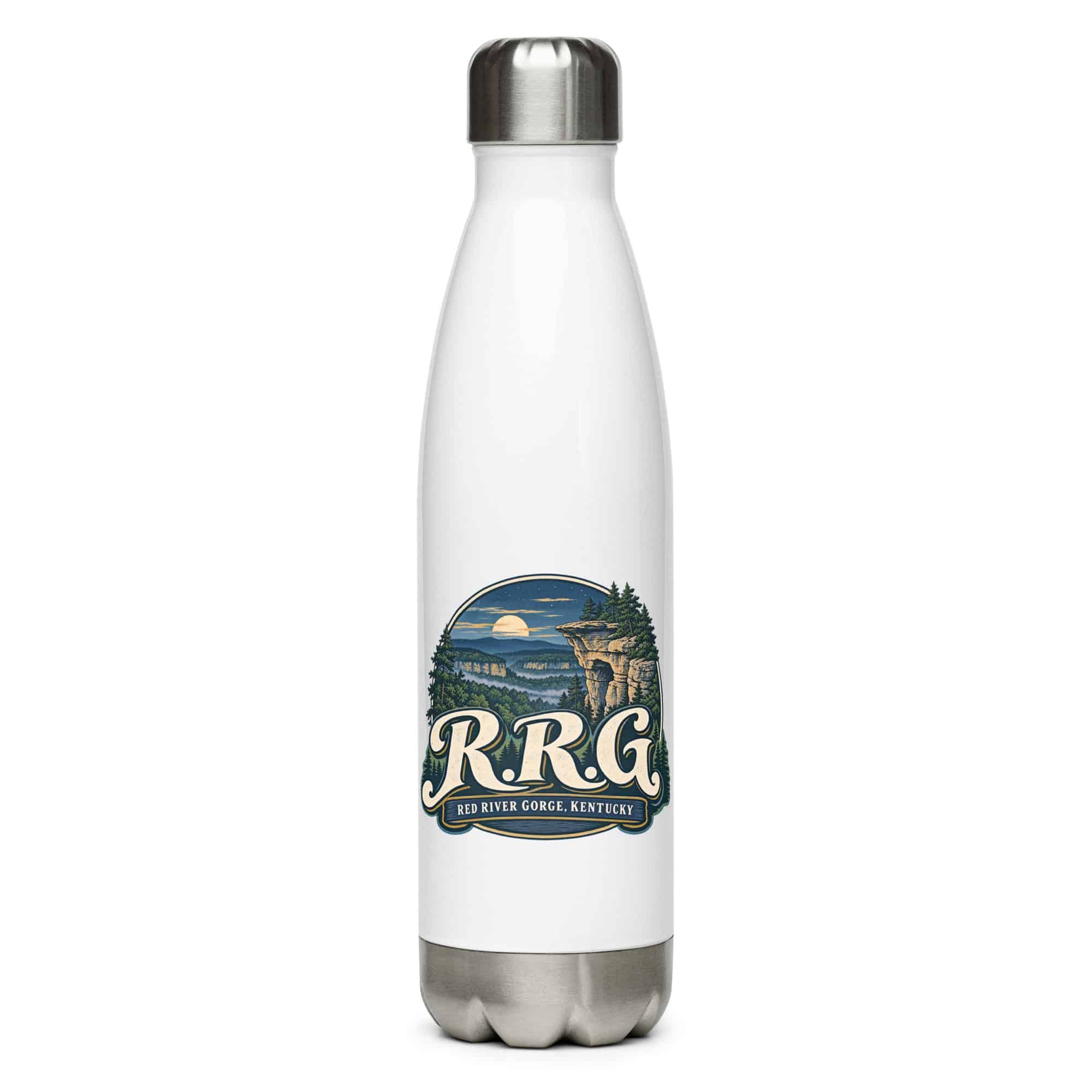 Red River Gorge Stainless Steel Water Bottle: R.R.G, Woodland Scenic Lettering