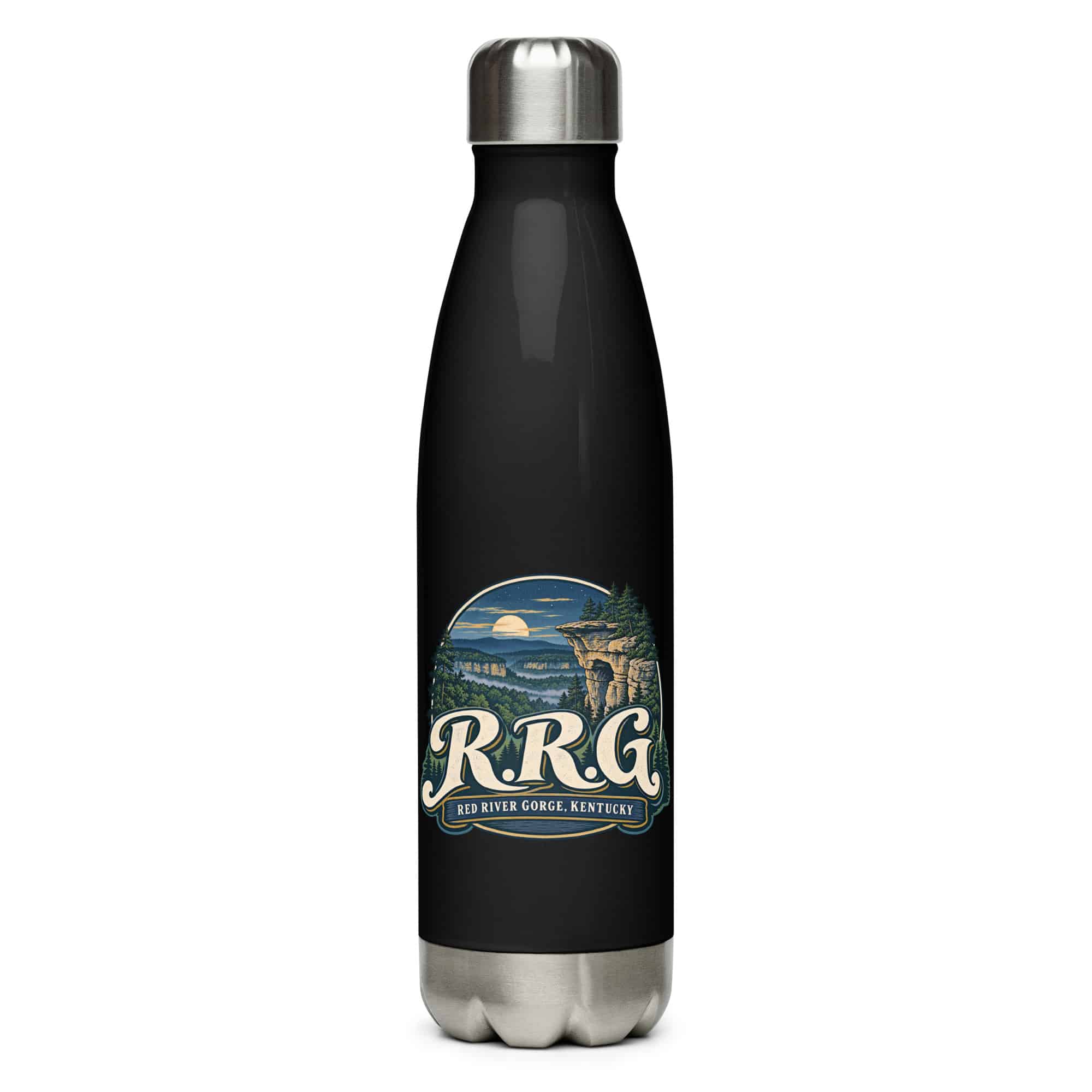 Red River Gorge Stainless Steel Water Bottle: R.R.G, Woodland Scenic Lettering