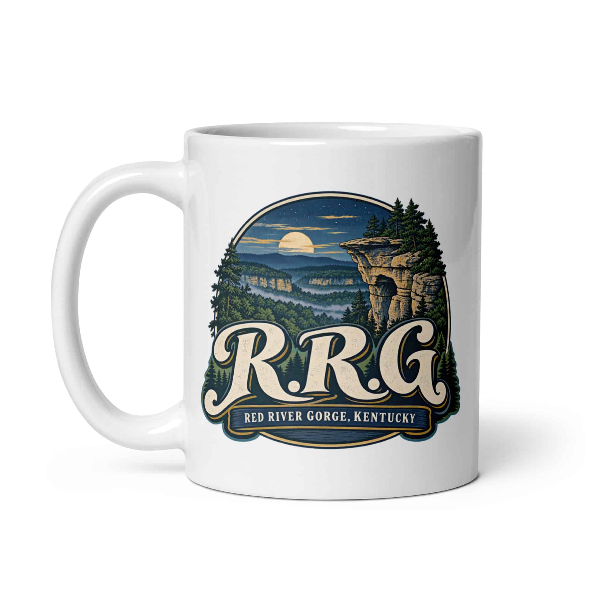 Red River Gorge White Ceramic Coffee Mug: R.R.G, Woodland Scenic Lettering