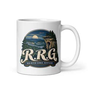 Red River Gorge White Ceramic Coffee Mug: R.R.G, Woodland Scenic Lettering - 11 oz - Main
