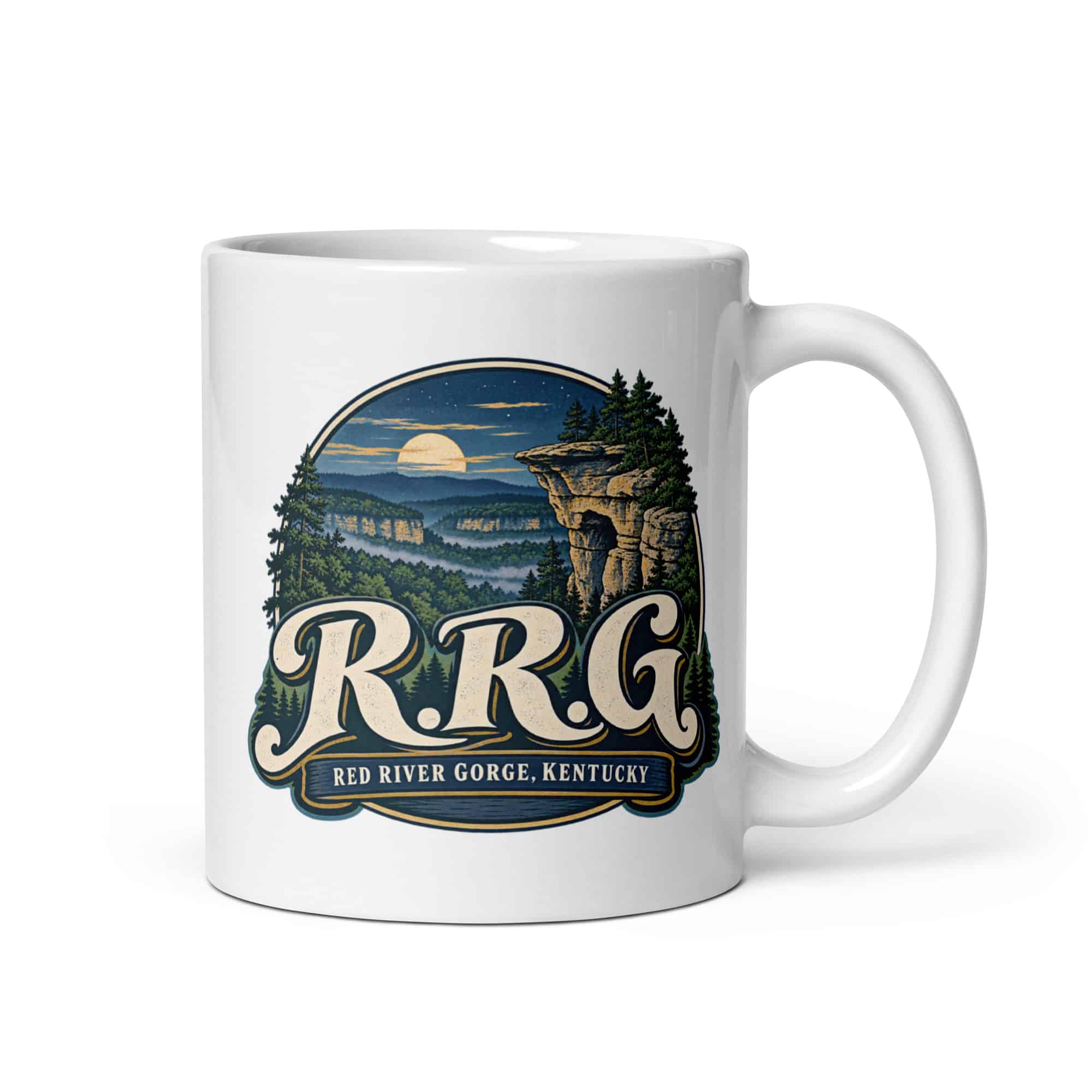 Red River Gorge White Ceramic Coffee Mug: R.R.G, Woodland Scenic Lettering