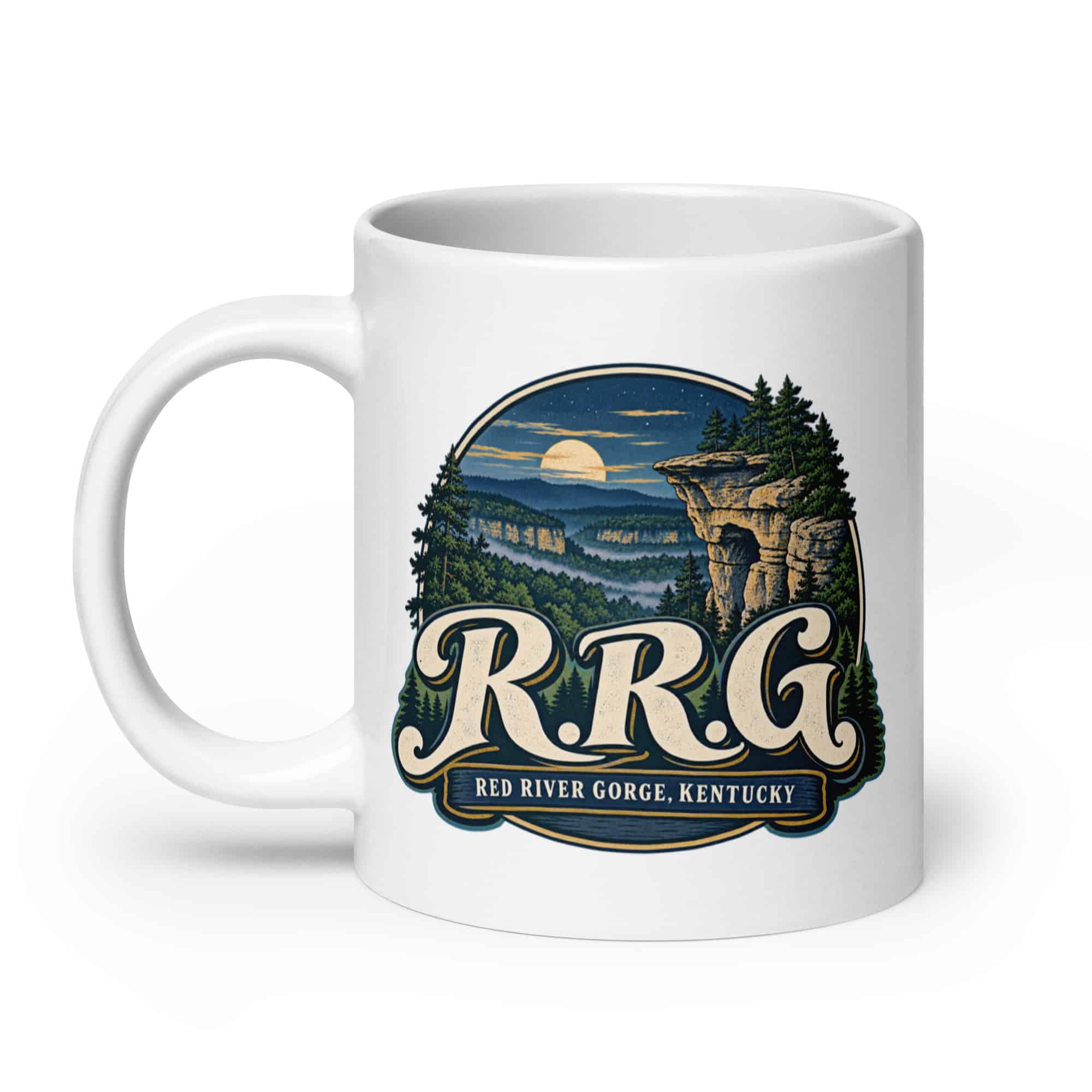 Red River Gorge White Ceramic Coffee Mug: R.R.G, Woodland Scenic Lettering