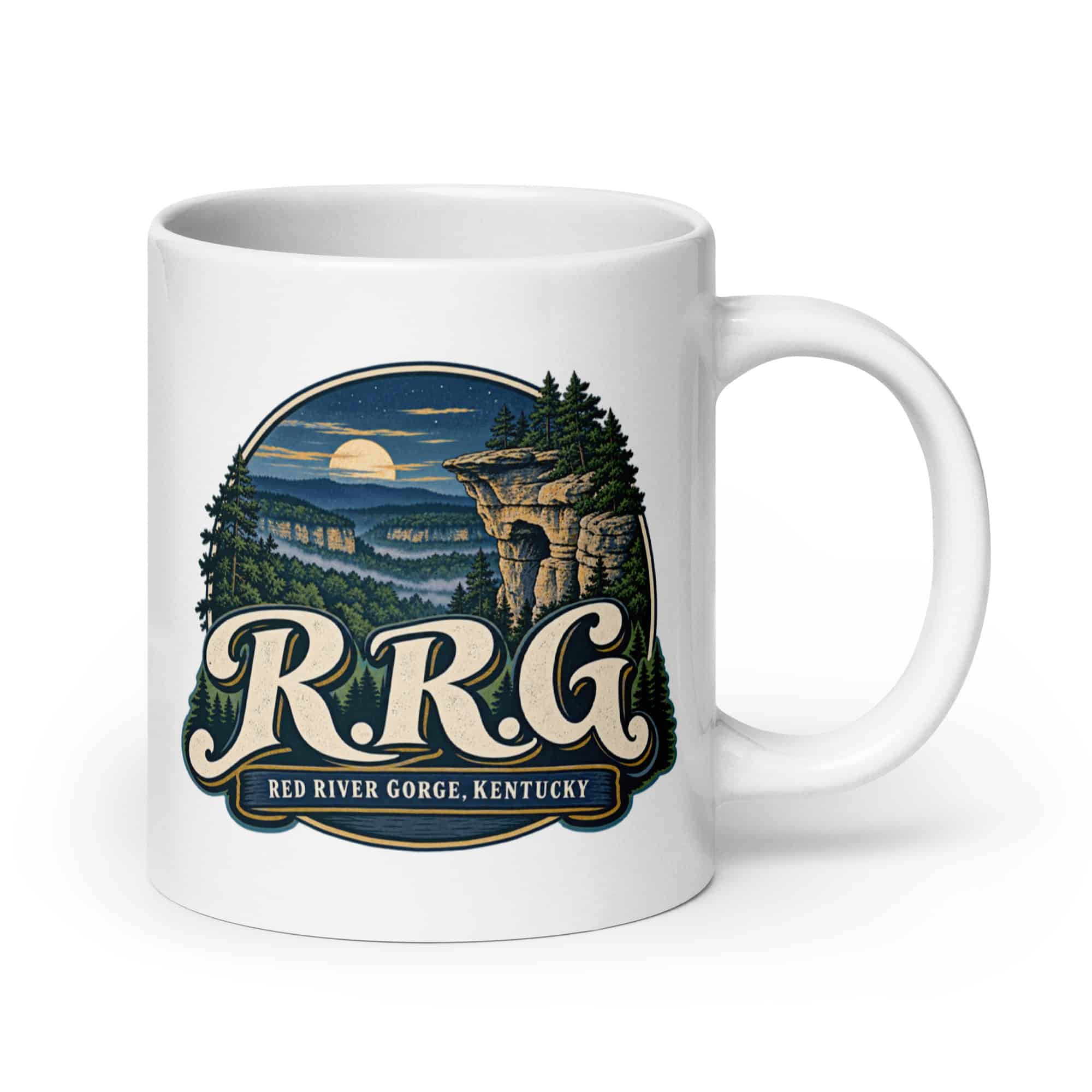 Red River Gorge White Ceramic Coffee Mug: R.R.G, Woodland Scenic Lettering