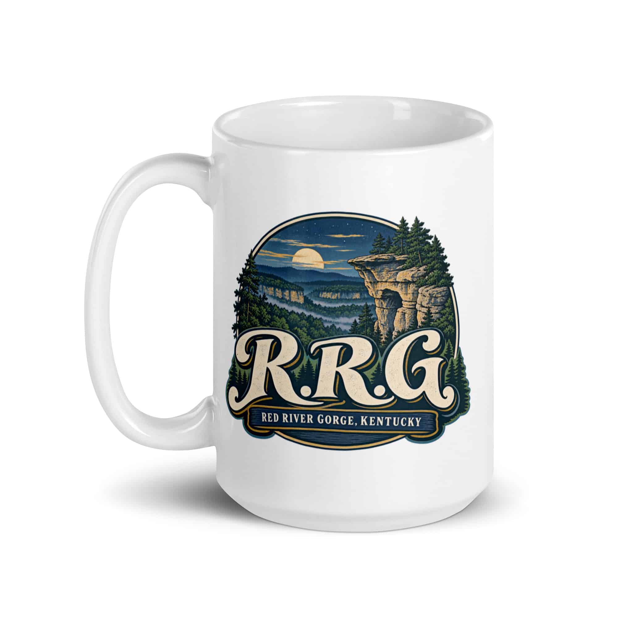 Red River Gorge White Ceramic Coffee Mug: R.R.G, Woodland Scenic Lettering