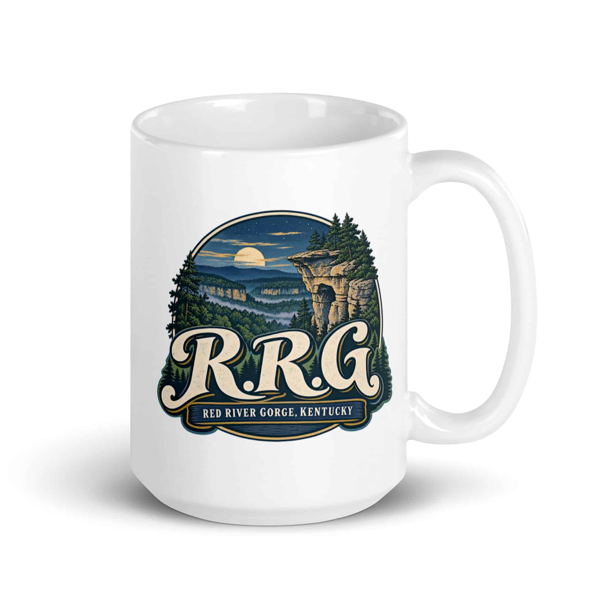 Red River Gorge White Ceramic Coffee Mug: R.R.G, Woodland Scenic Lettering