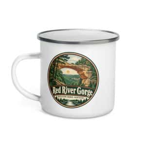 Red River Gorge Enamel Camp Mug: Red River Gorge Destination Seal, Vintage Round Badge - 12 oz - Left