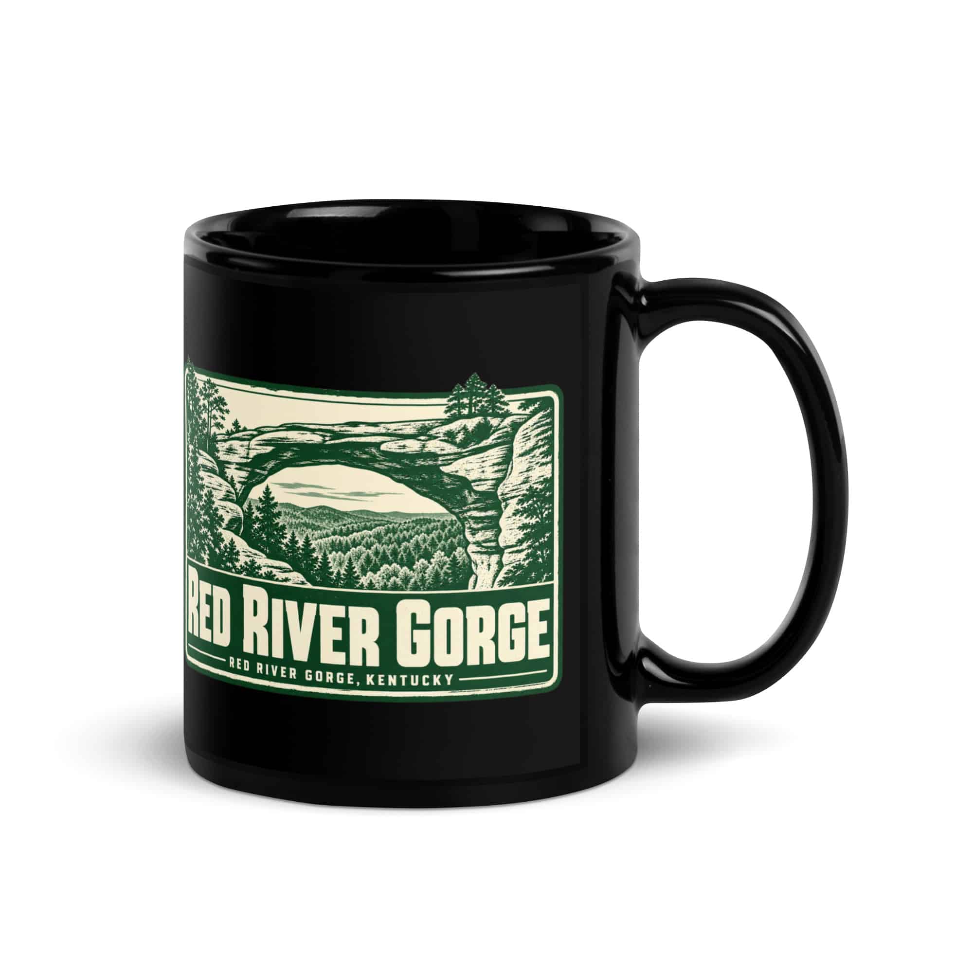 Red River Gorge Black Coffee Mug: Red River Gorge Destination Seal, Forest Ink Stamp