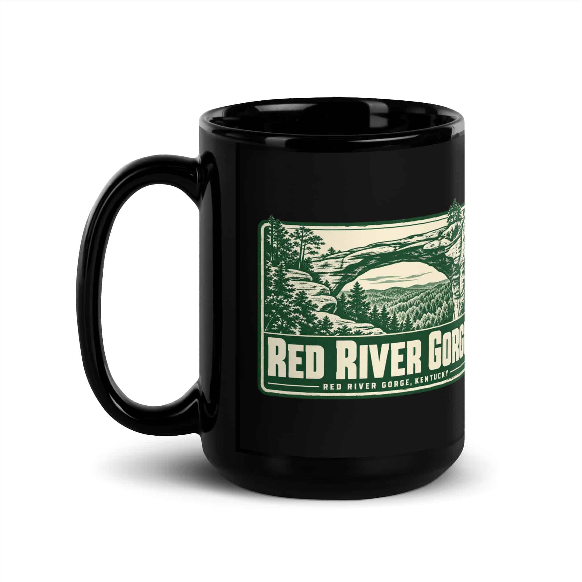 Red River Gorge Black Coffee Mug: Red River Gorge Destination Seal, Forest Ink Stamp