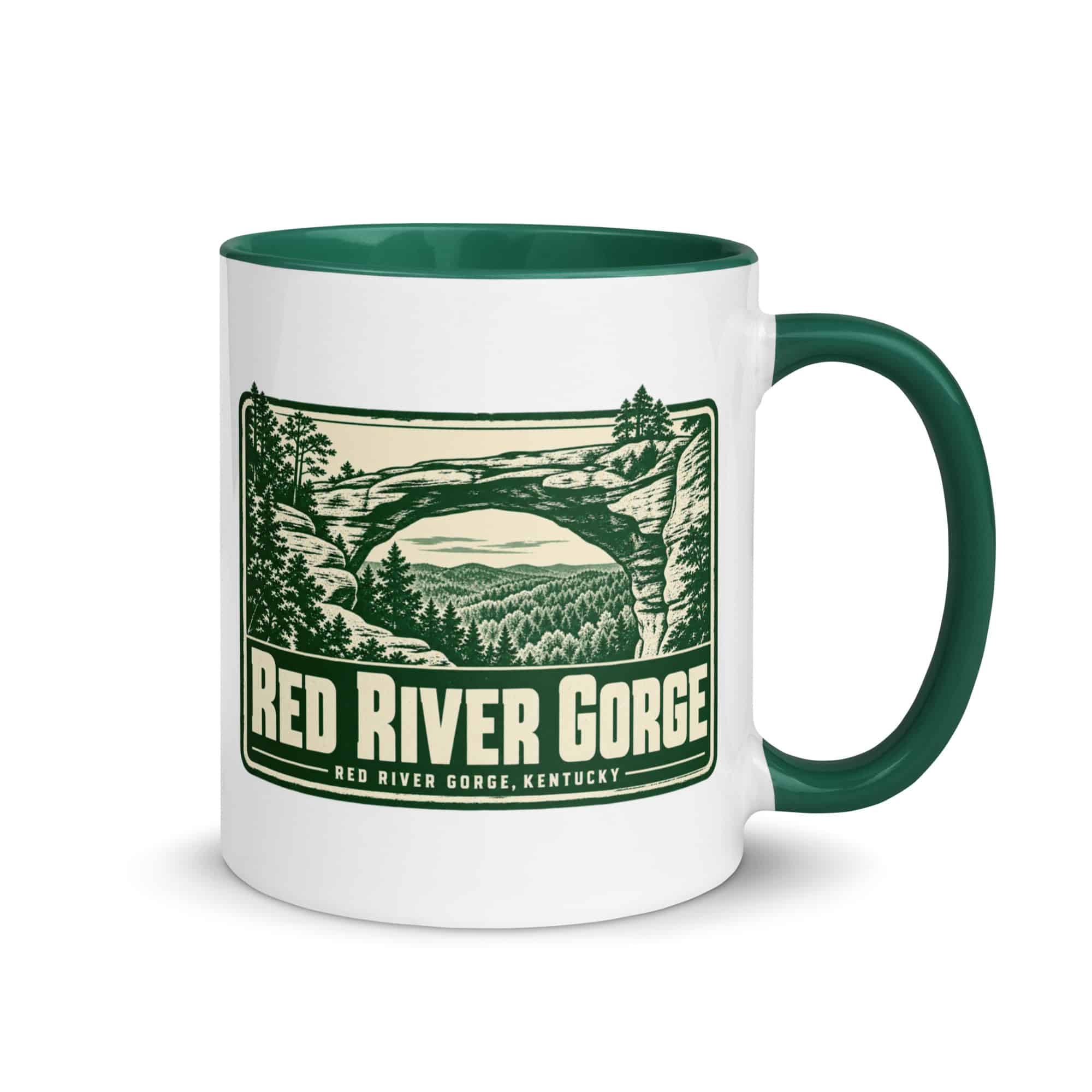 Red River Gorge Color Inside Coffee Mug: Red River Gorge Destination Seal, Forest Ink Stamp