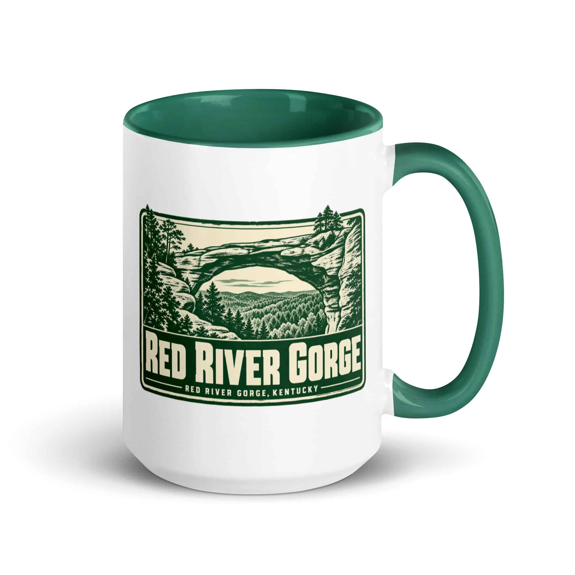 Red River Gorge Color Inside Coffee Mug: Red River Gorge Destination Seal, Forest Ink Stamp