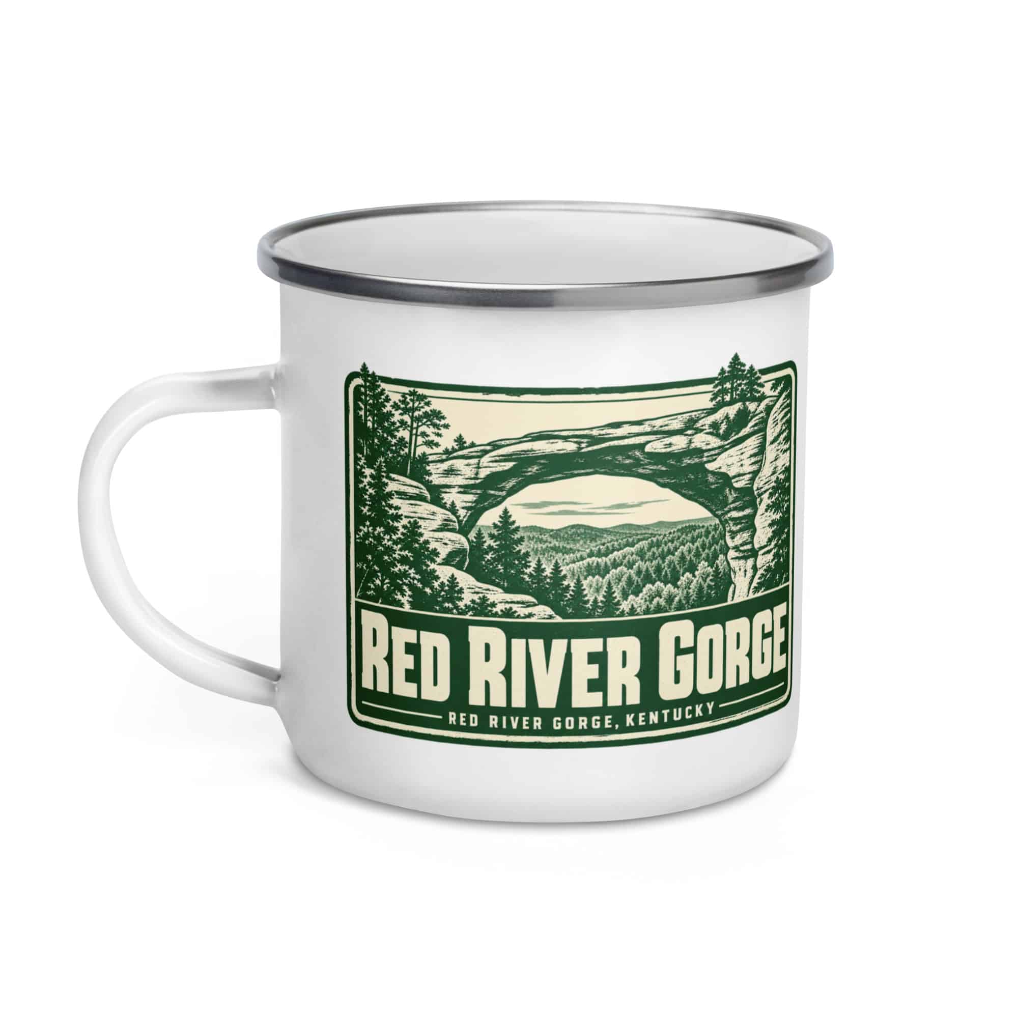 Red River Gorge Enamel Camp Mug: Red River Gorge Destination Seal, Forest Ink Stamp