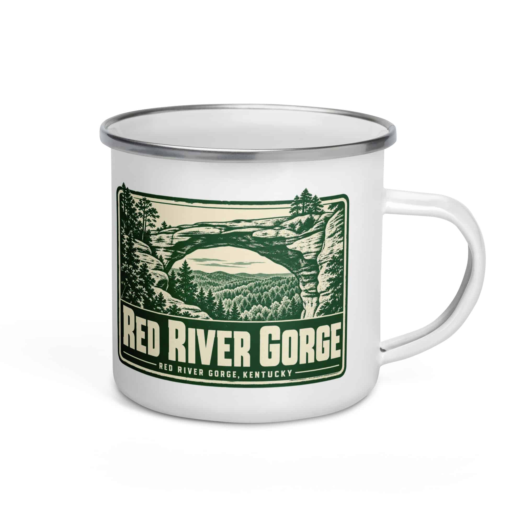 Red River Gorge Enamel Camp Mug: Red River Gorge Destination Seal, Forest Ink Stamp