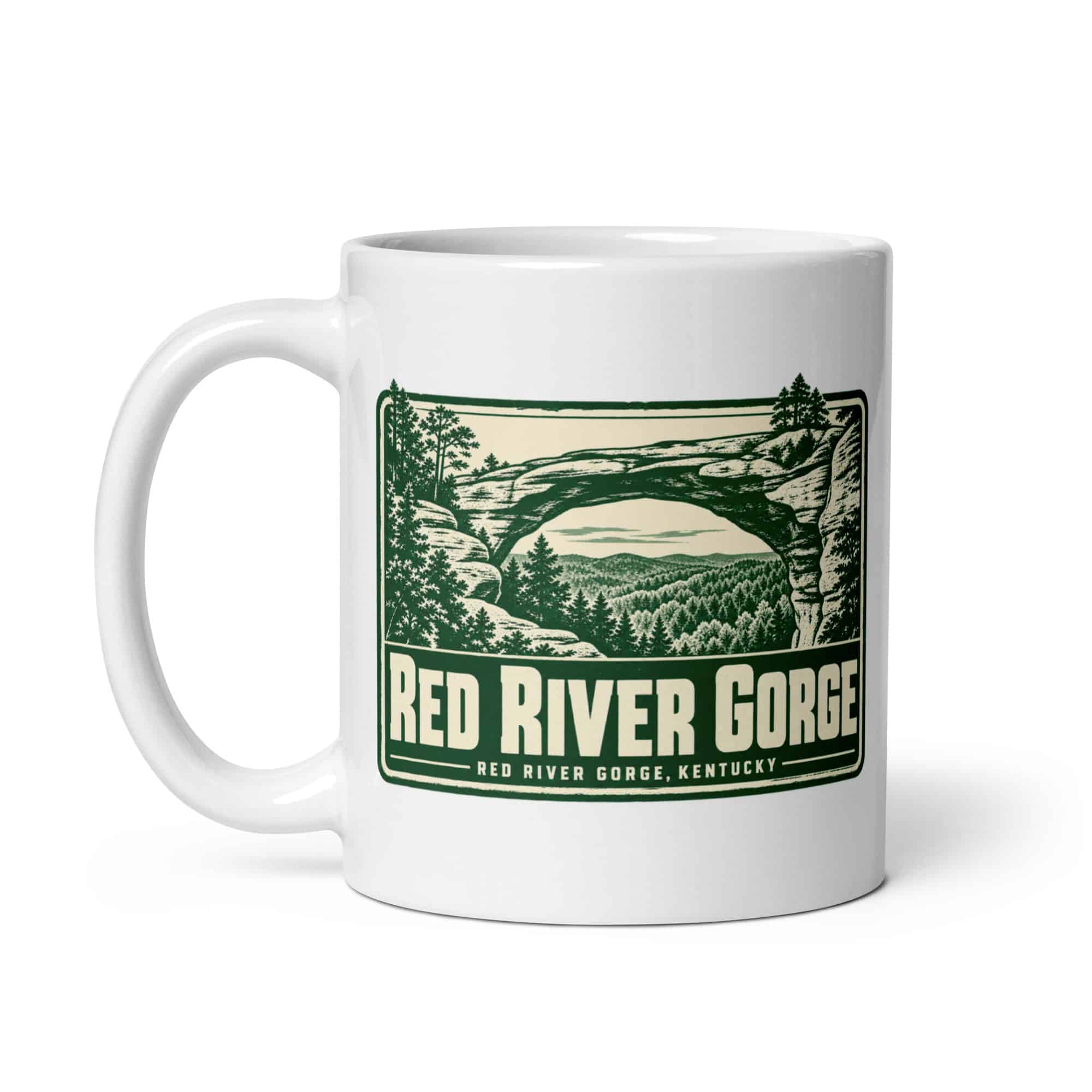 Red River Gorge White Ceramic Coffee Mug: Red River Gorge Destination Seal, Forest Ink Stamp