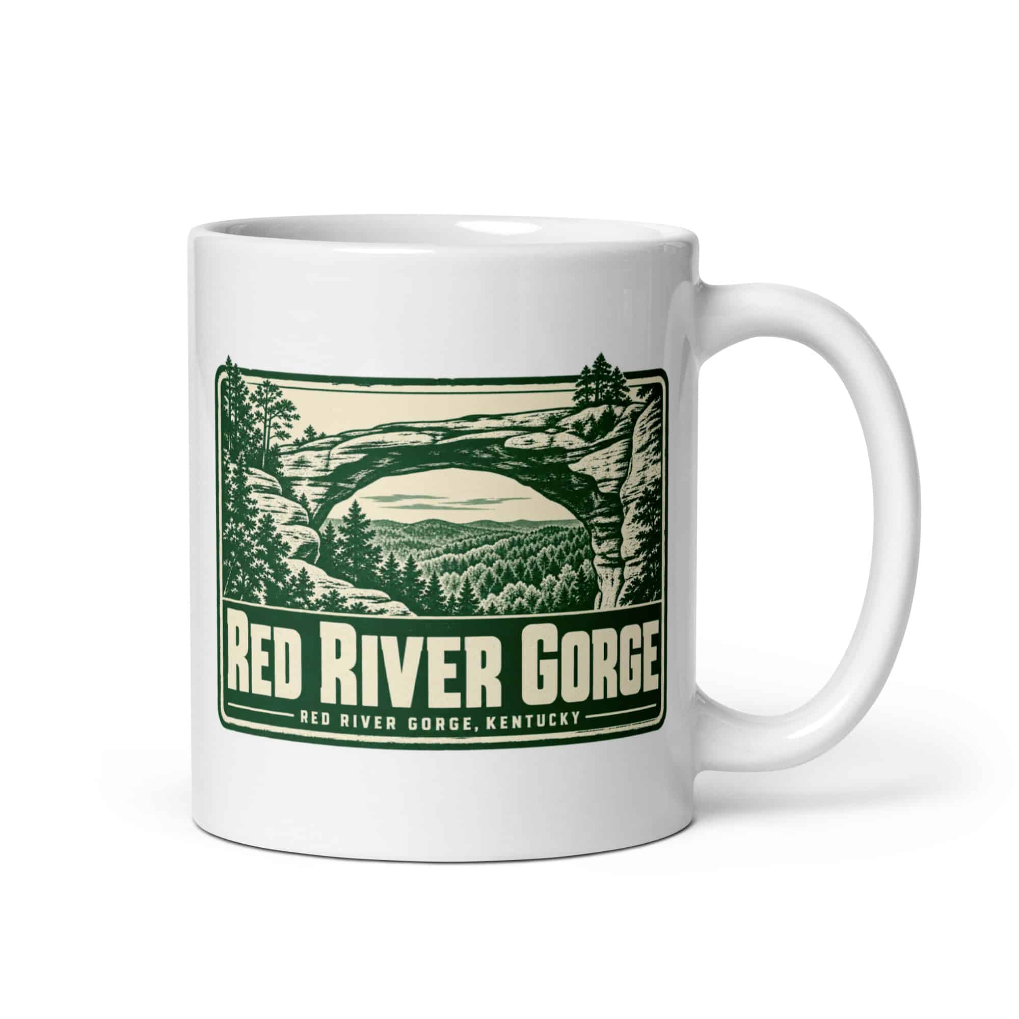 Red River Gorge White Ceramic Coffee Mug: Red River Gorge Destination Seal, Forest Ink Stamp
