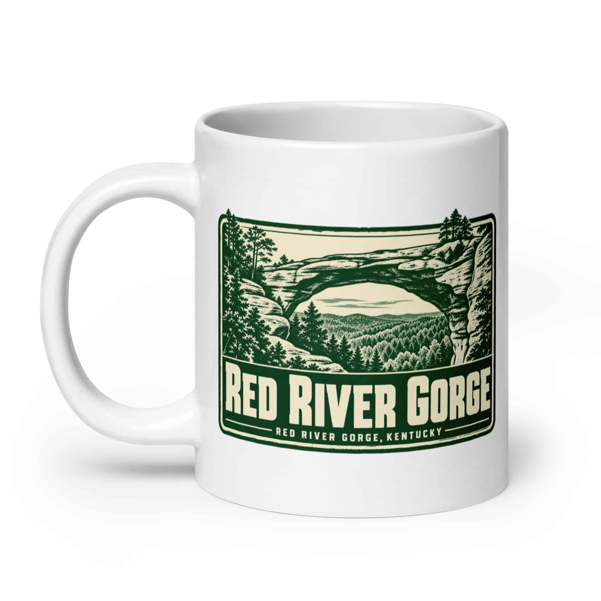 Red River Gorge White Ceramic Coffee Mug: Red River Gorge Destination Seal, Forest Ink Stamp