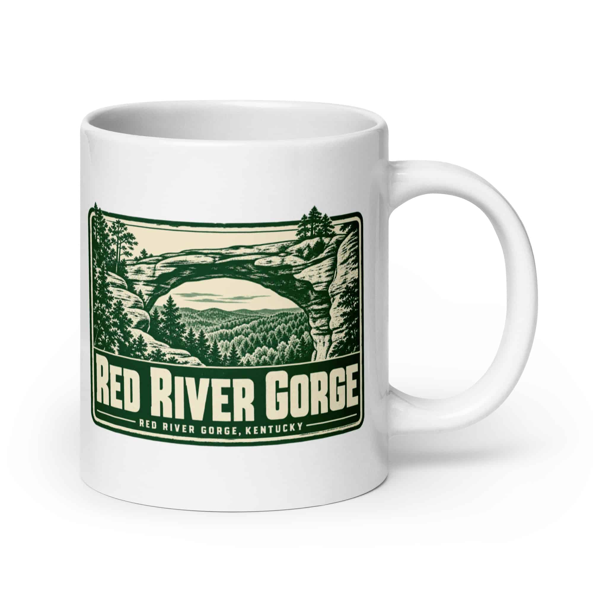 Red River Gorge White Ceramic Coffee Mug: Red River Gorge Destination Seal, Forest Ink Stamp