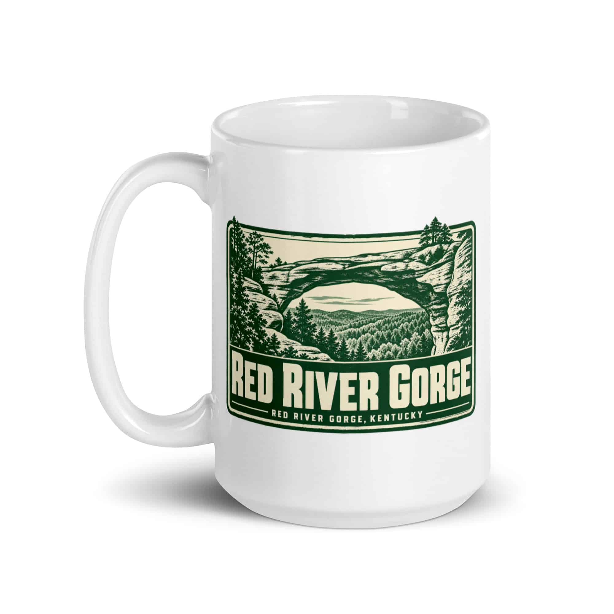 Red River Gorge White Ceramic Coffee Mug: Red River Gorge Destination Seal, Forest Ink Stamp