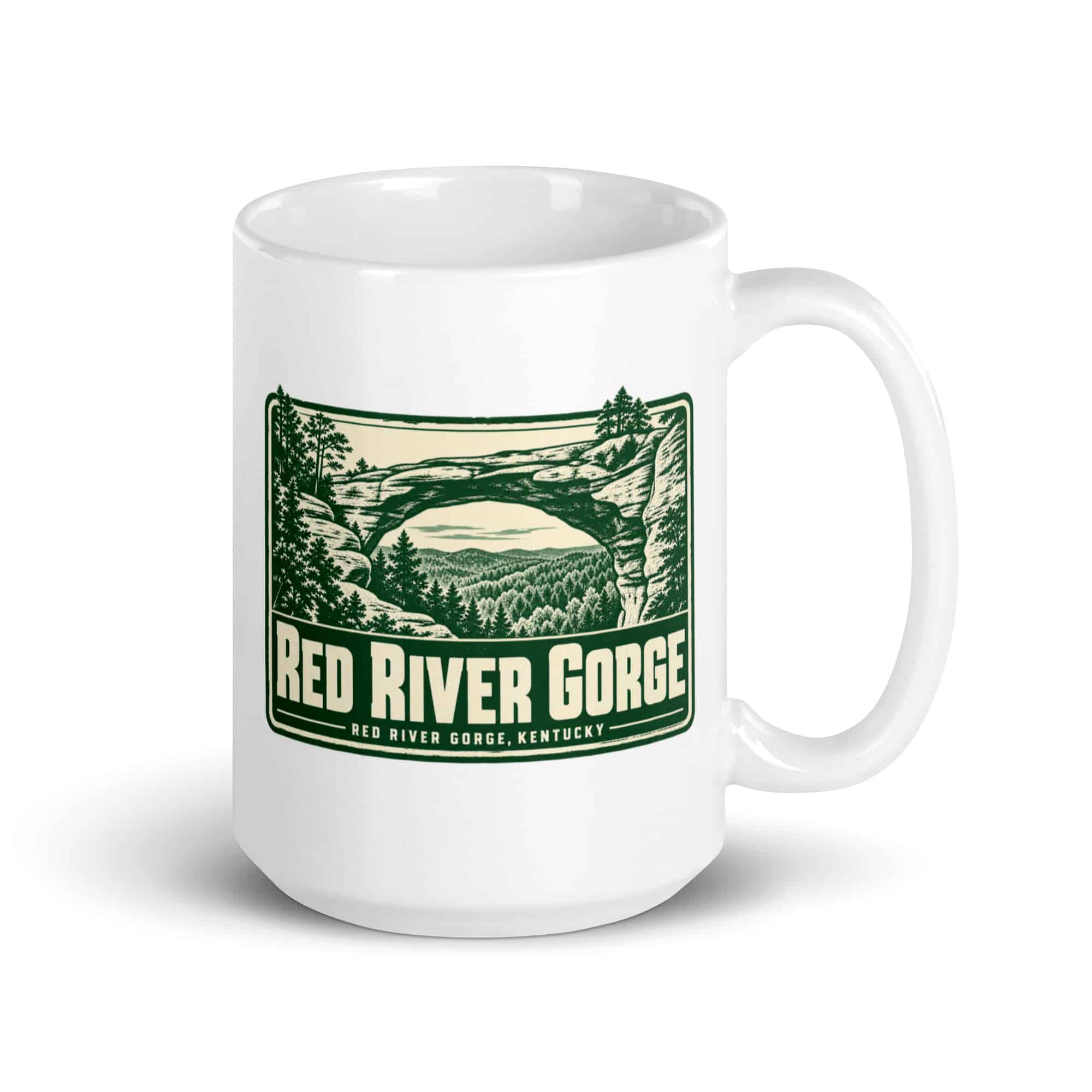 Red River Gorge White Ceramic Coffee Mug: Red River Gorge Destination Seal, Forest Ink Stamp