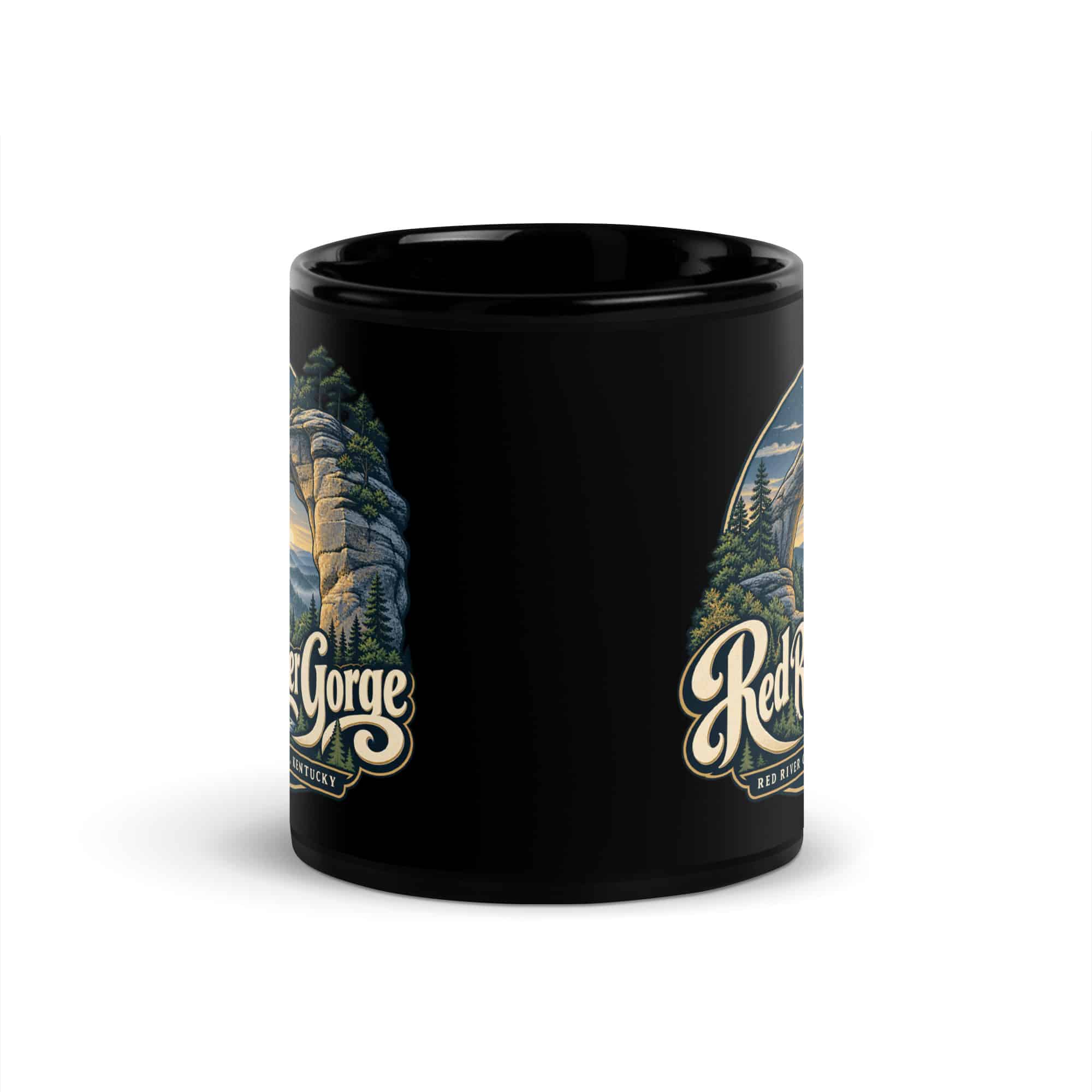 Red River Gorge Black Coffee Mug: Red River Gorge Destination Seal, Woodland Scenic Lettering