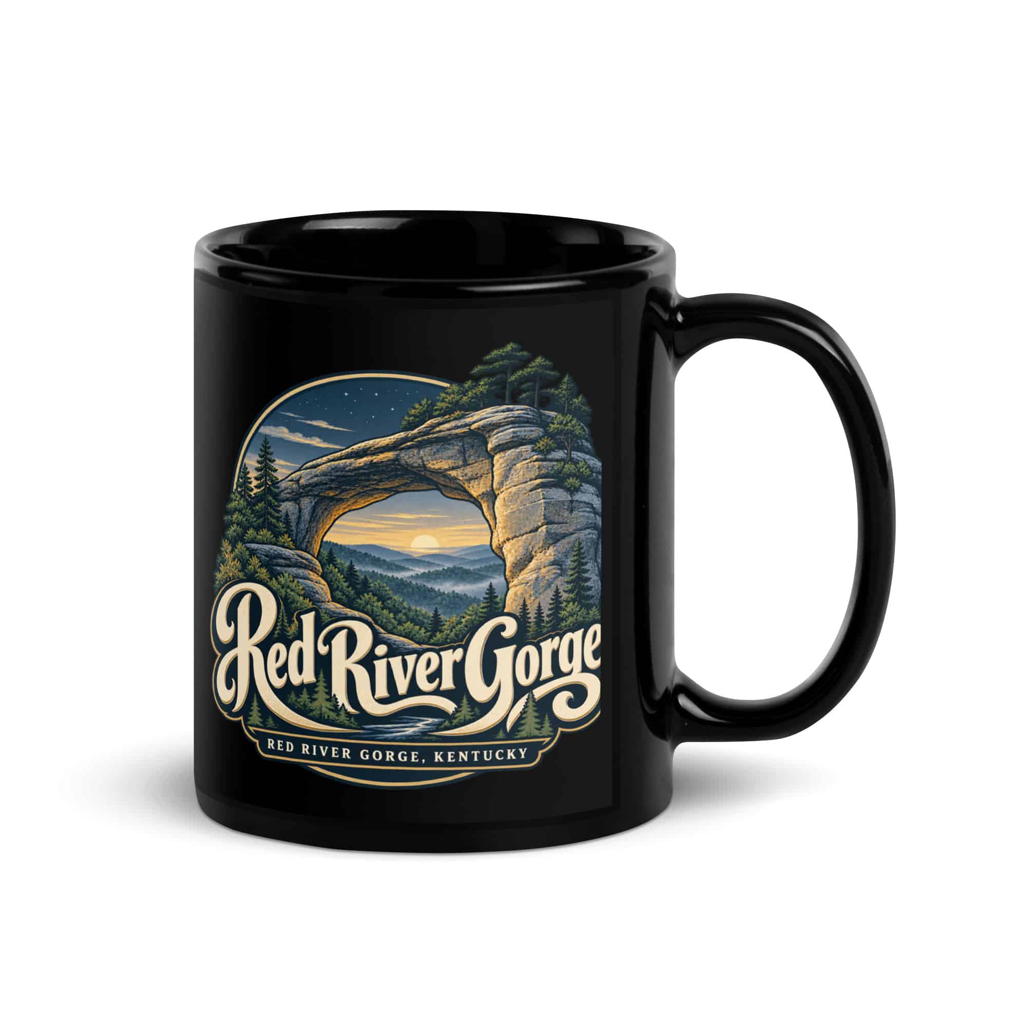 Red River Gorge Black Coffee Mug: Red River Gorge Destination Seal, Woodland Scenic Lettering