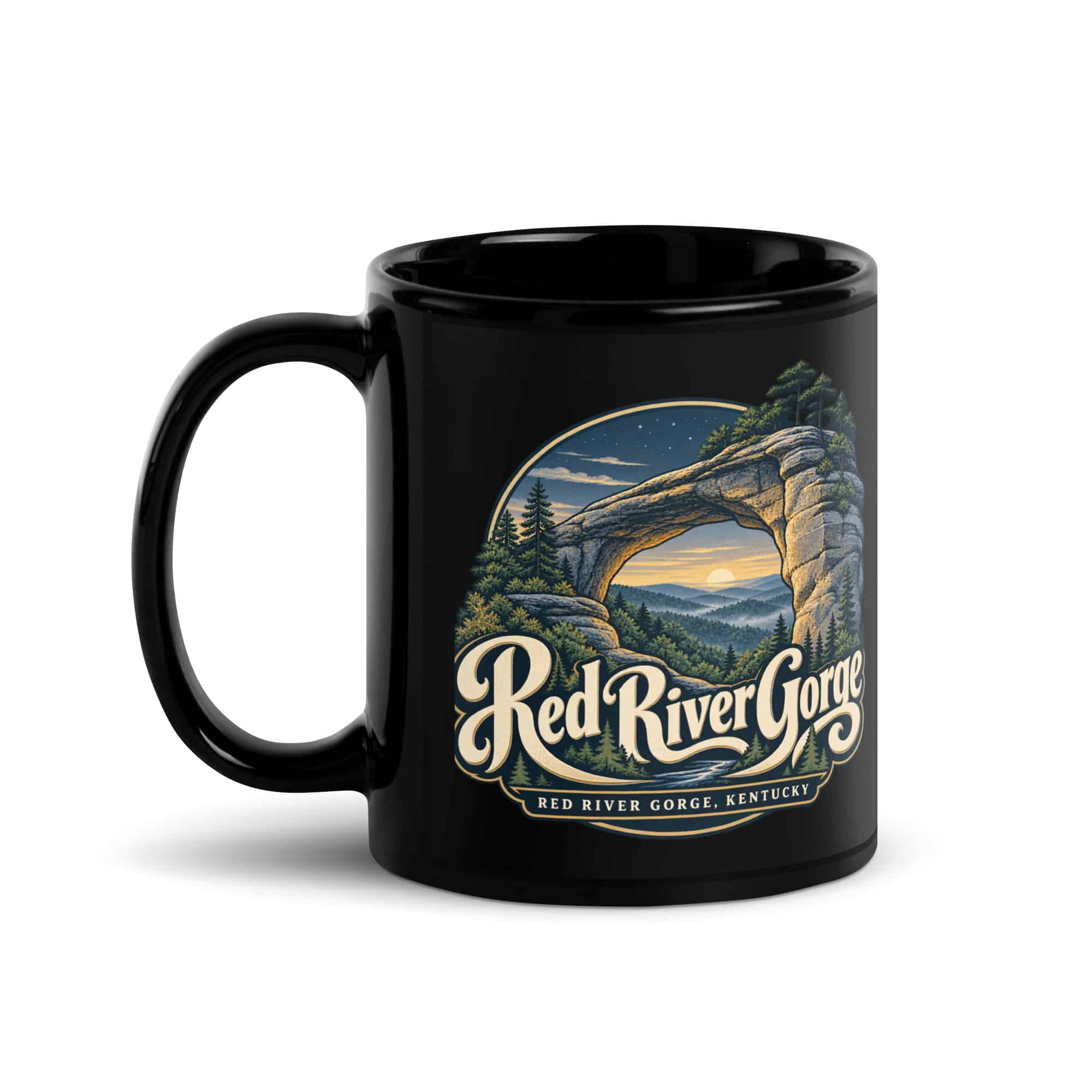 Red River Gorge Black Coffee Mug: Red River Gorge Destination Seal, Woodland Scenic Lettering