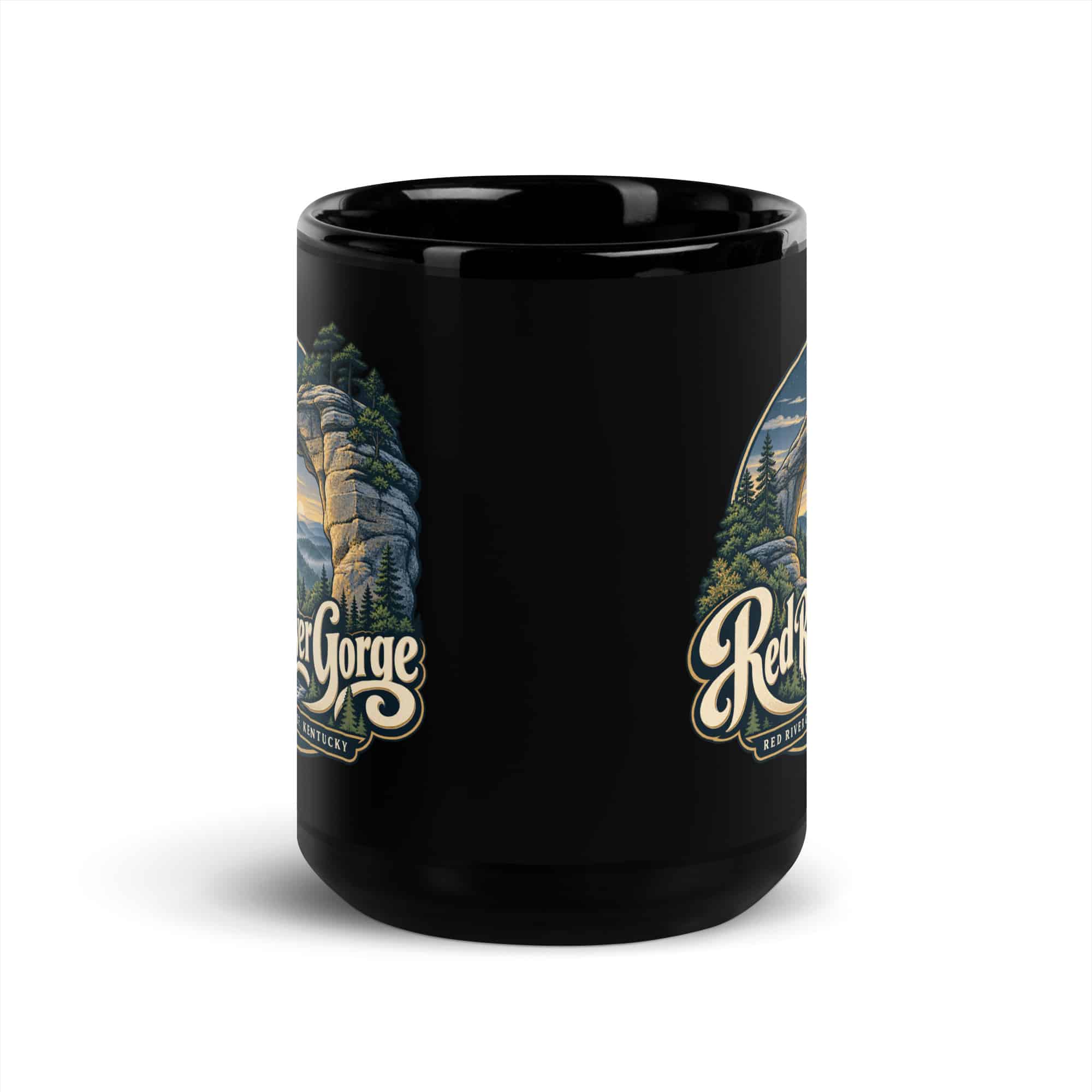 Red River Gorge Black Coffee Mug: Red River Gorge Destination Seal, Woodland Scenic Lettering