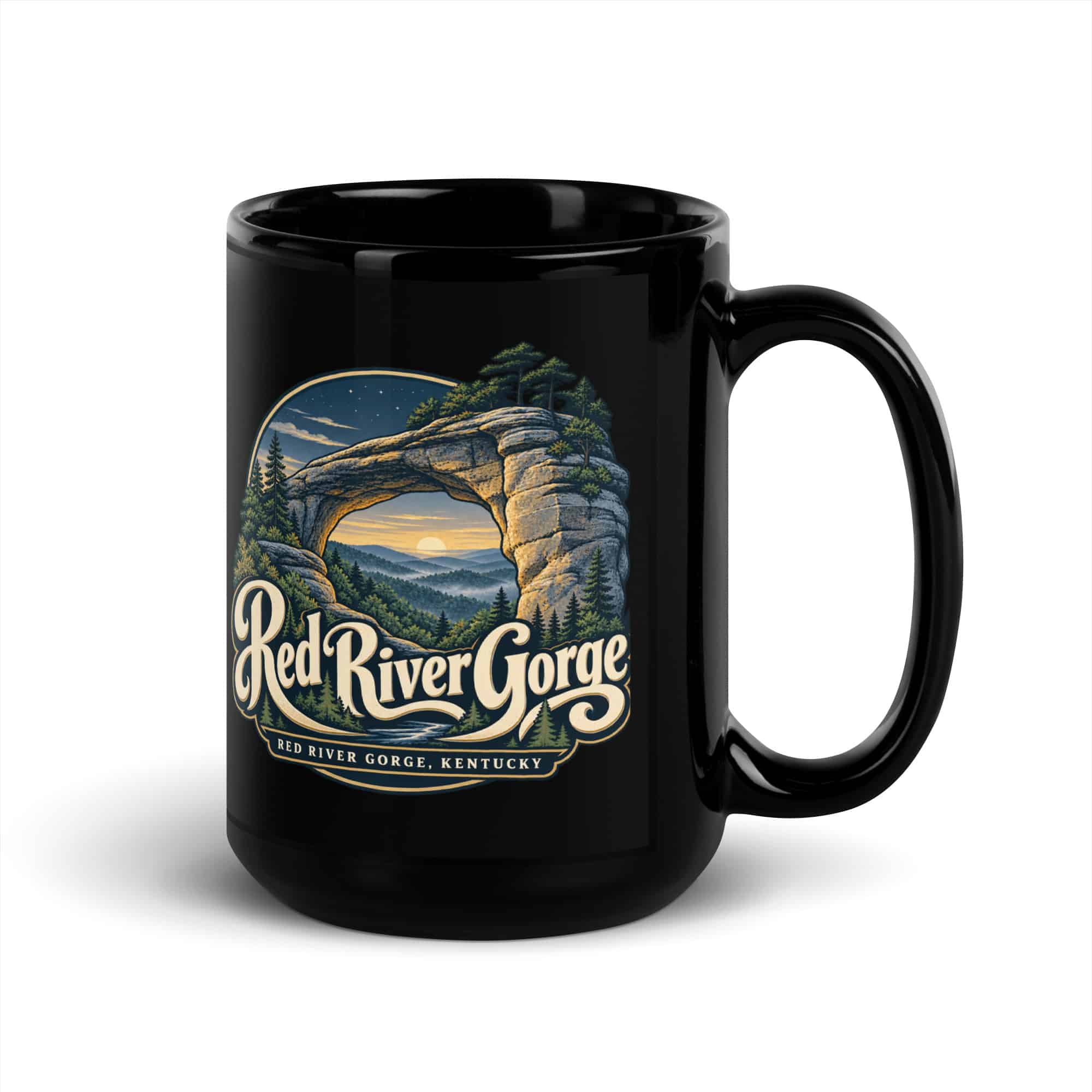 Red River Gorge Black Coffee Mug: Red River Gorge Destination Seal, Woodland Scenic Lettering