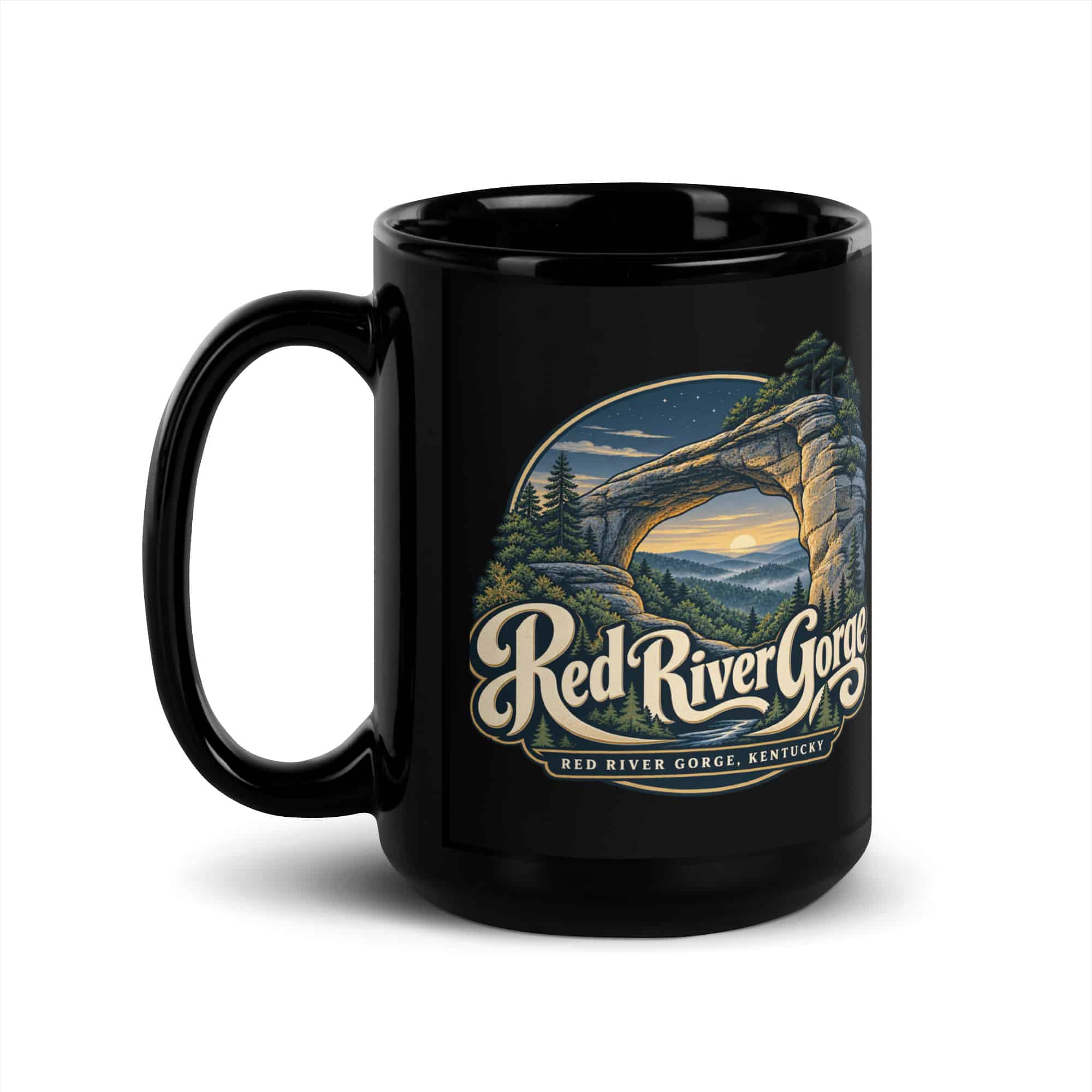 Red River Gorge Black Coffee Mug: Red River Gorge Destination Seal, Woodland Scenic Lettering