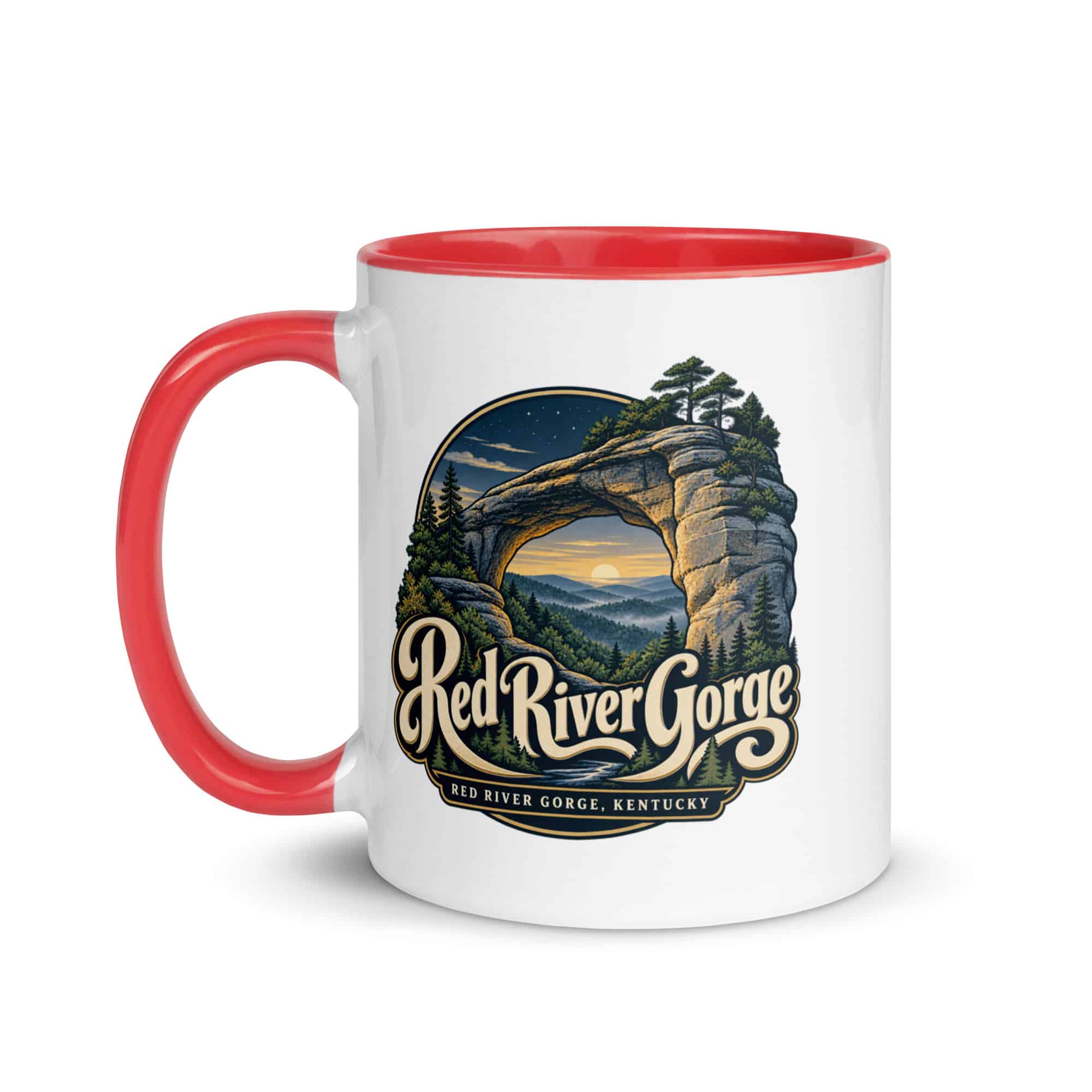 Red River Gorge Color Inside Coffee Mug: Red River Gorge Destination Seal, Woodland Scenic Lettering