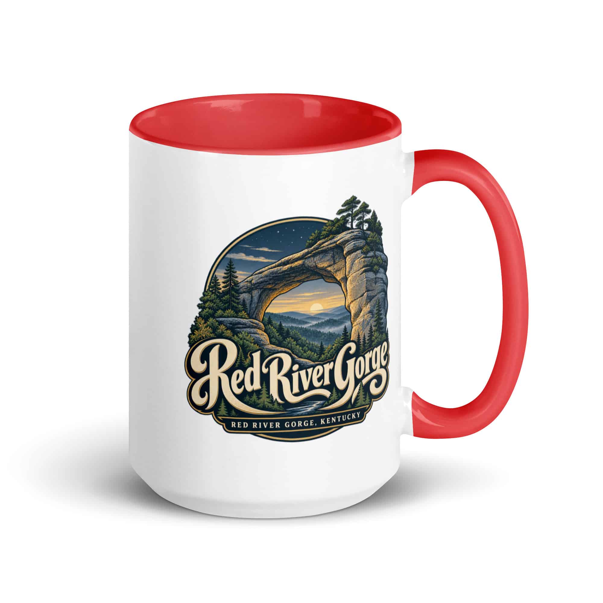 Red River Gorge Color Inside Coffee Mug: Red River Gorge Destination Seal, Woodland Scenic Lettering