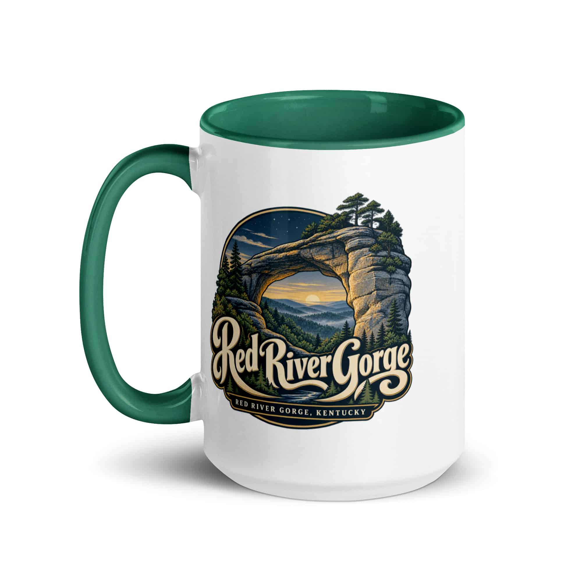 Red River Gorge Color Inside Coffee Mug: Red River Gorge Destination Seal, Woodland Scenic Lettering