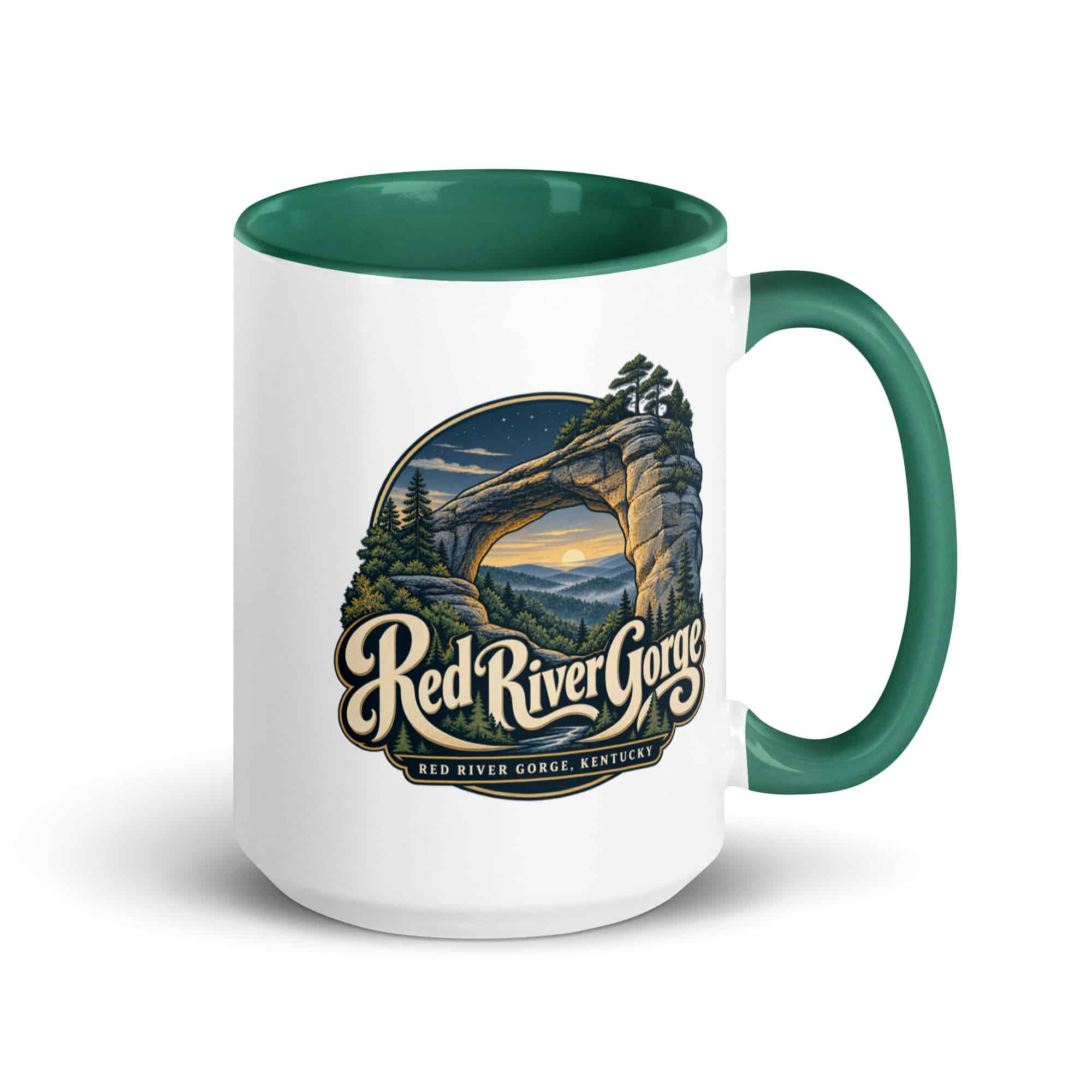 Red River Gorge Color Inside Coffee Mug: Red River Gorge Destination Seal, Woodland Scenic Lettering