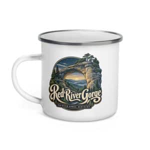 Red River Gorge Enamel Camp Mug: Red River Gorge Destination Seal, Woodland Scenic Lettering - 12 oz - Left