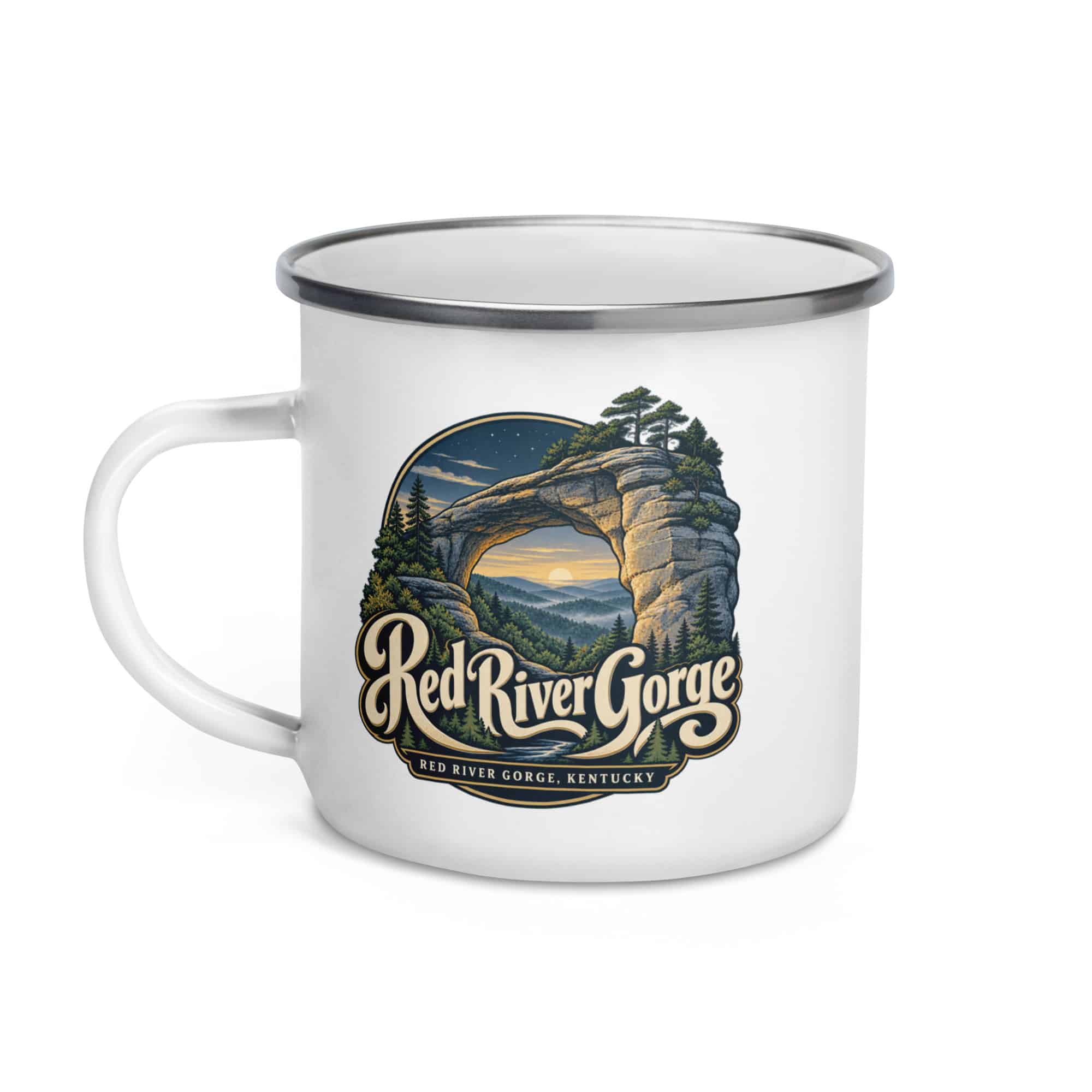Red River Gorge Enamel Camp Mug: Red River Gorge Destination Seal, Woodland Scenic Lettering