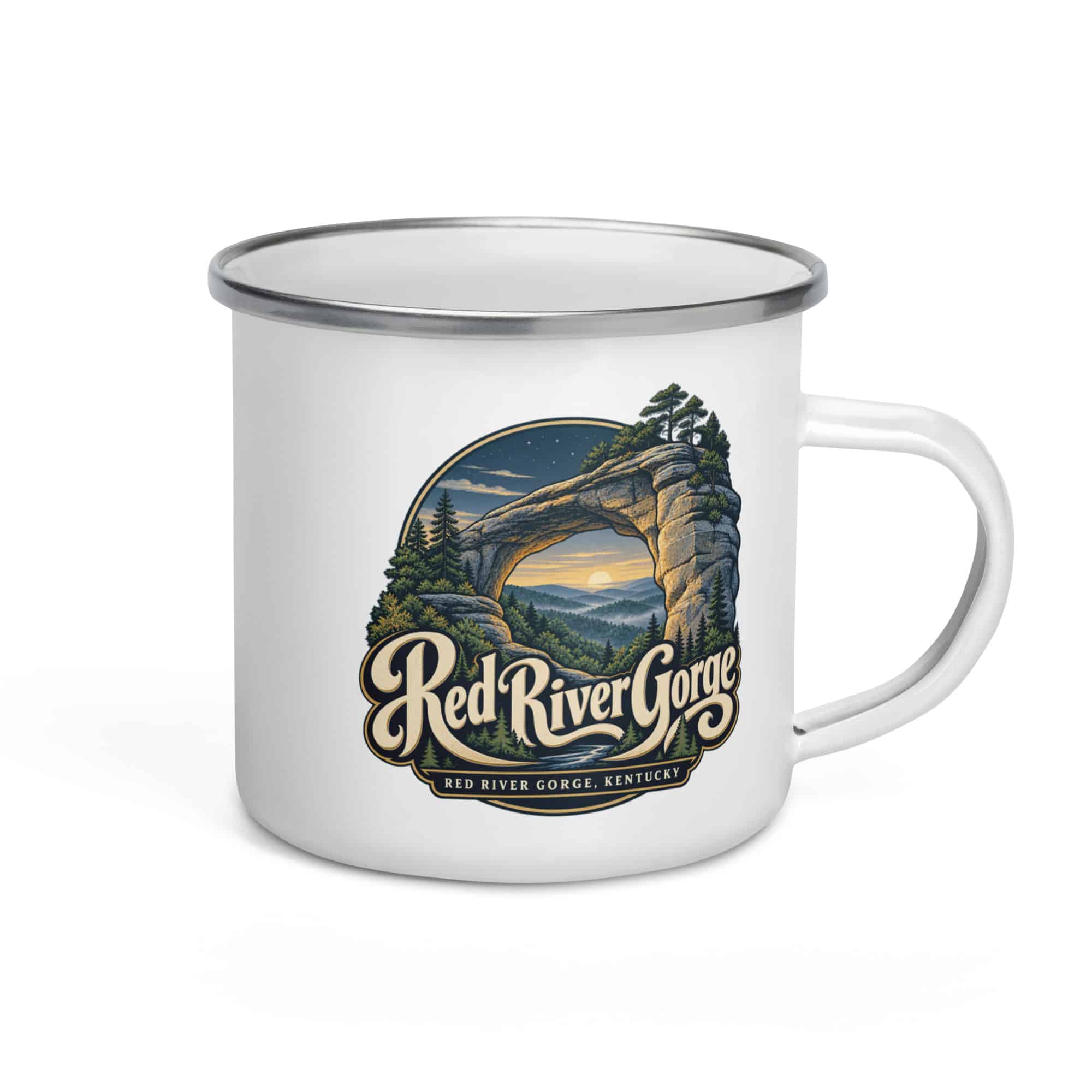 Red River Gorge Enamel Camp Mug: Red River Gorge Destination Seal, Woodland Scenic Lettering