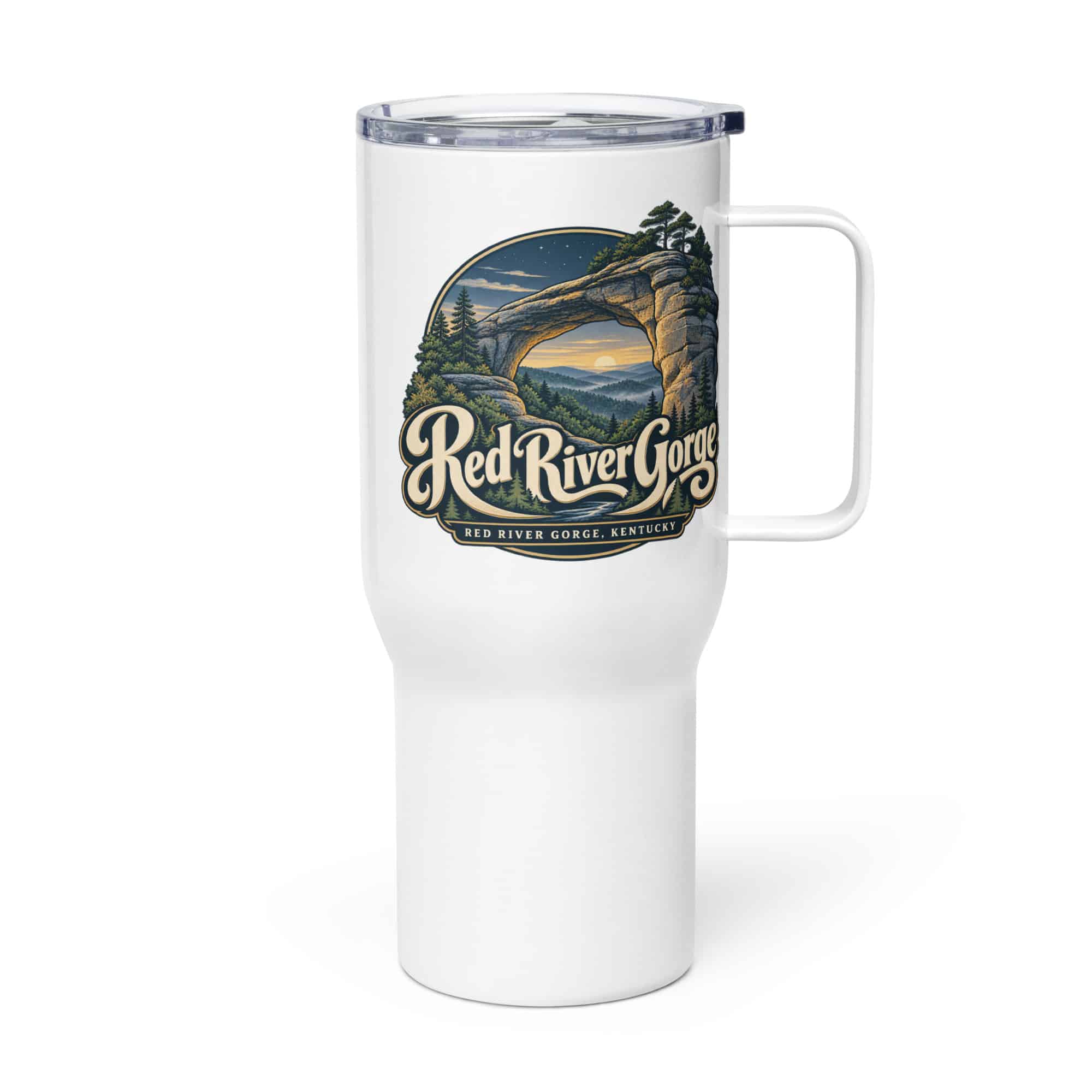 Red River Gorge Travel Mug: Red River Gorge Destination Seal, Woodland Scenic Lettering