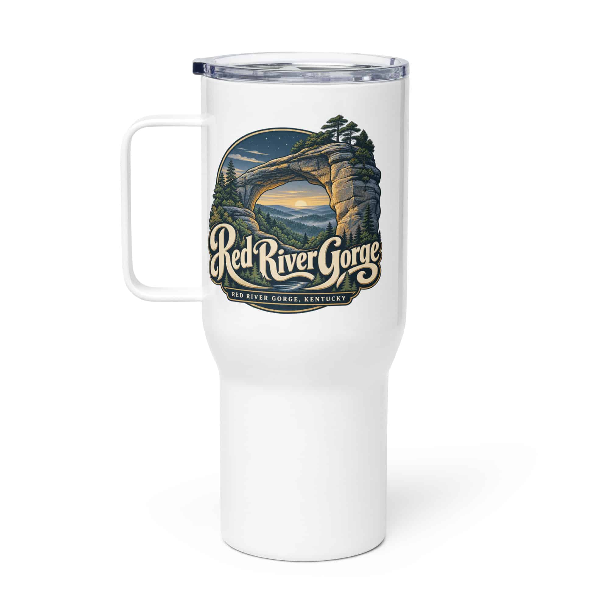 Red River Gorge Travel Mug: Red River Gorge Destination Seal, Woodland Scenic Lettering