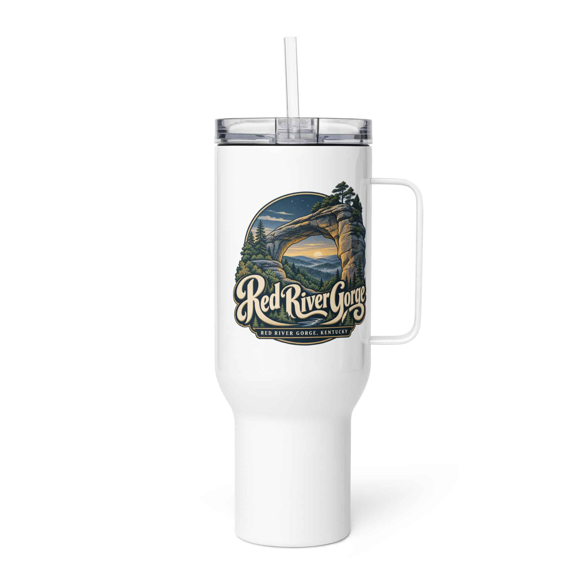 Red River Gorge Travel Mug: Red River Gorge Destination Seal, Woodland Scenic Lettering