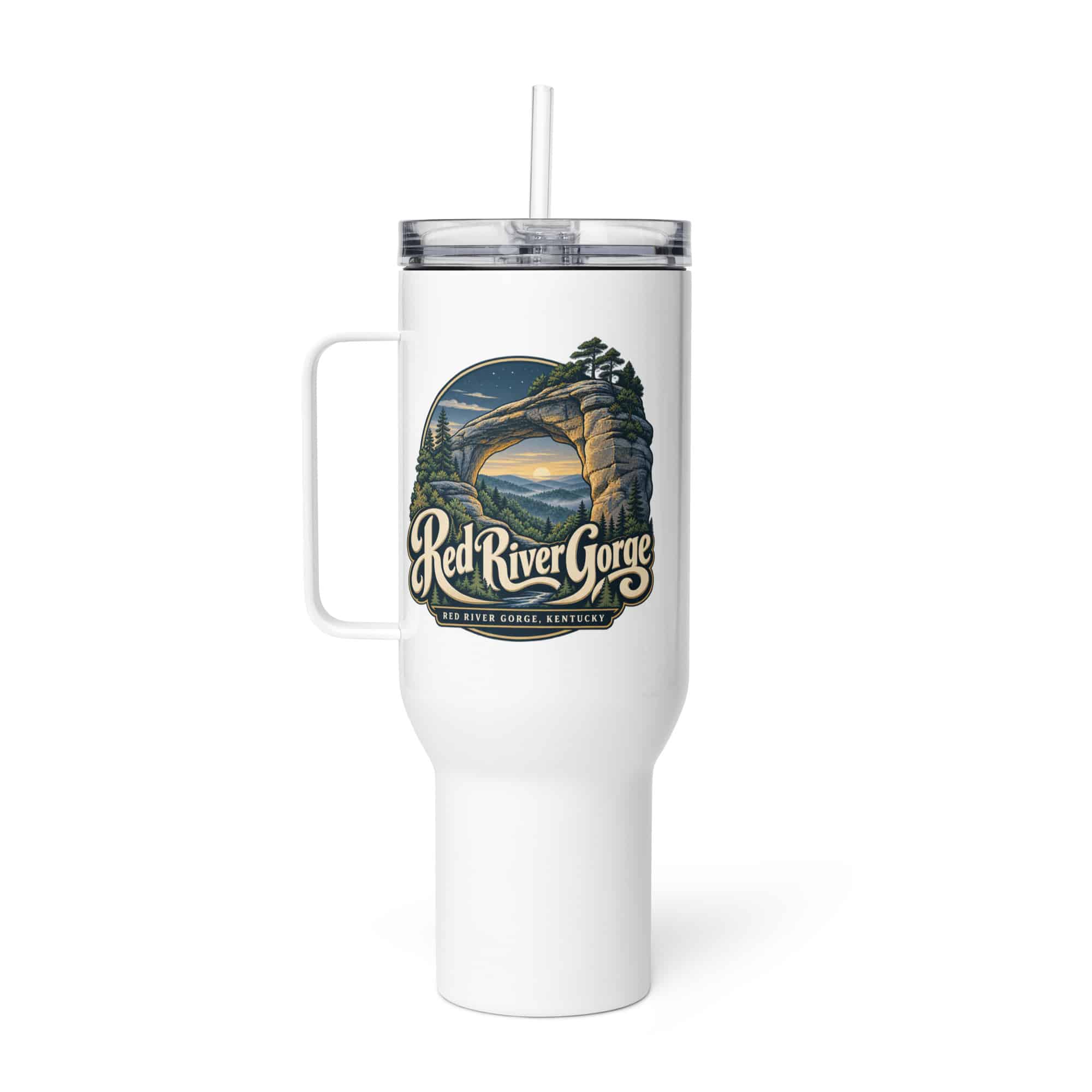 Red River Gorge Travel Mug: Red River Gorge Destination Seal, Woodland Scenic Lettering