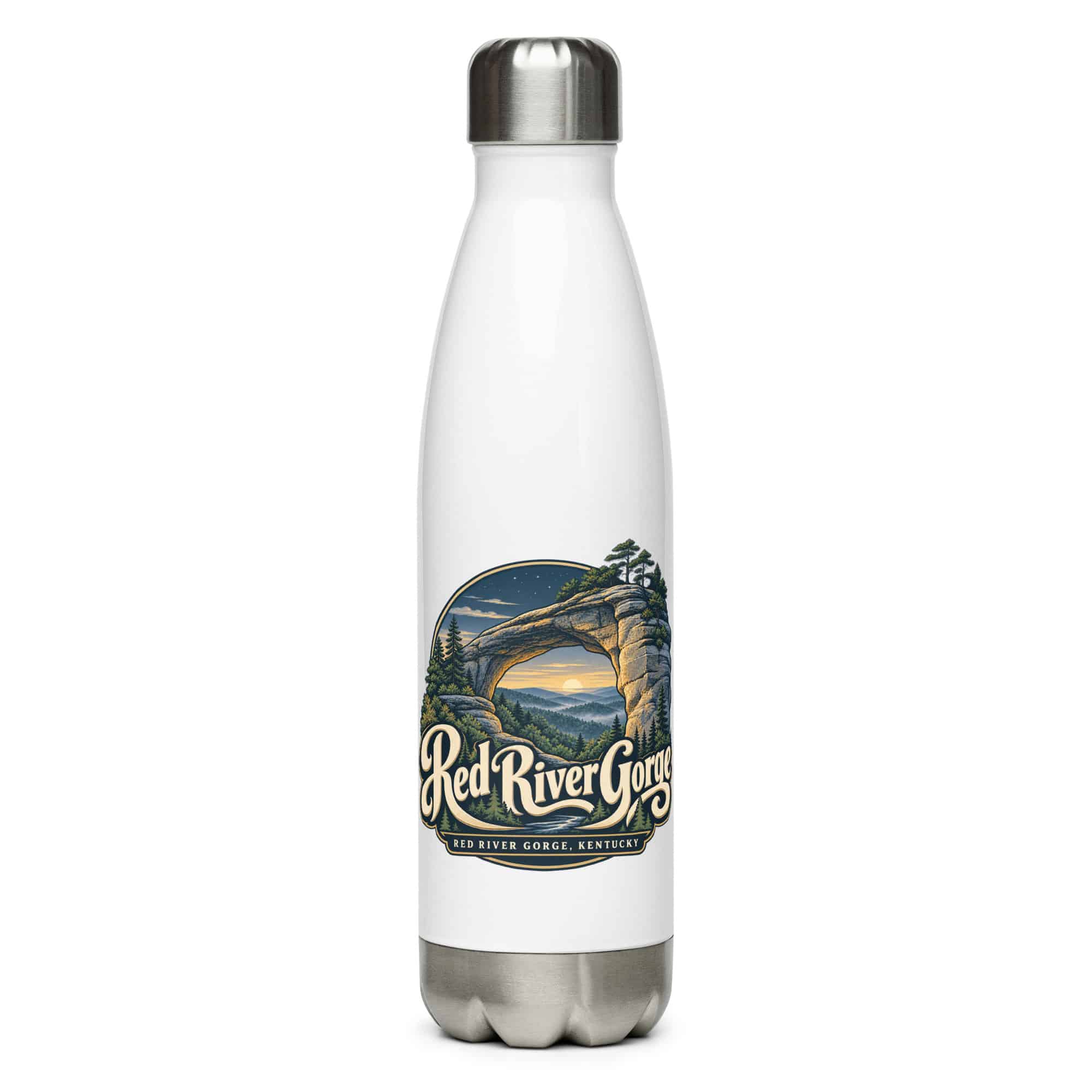 Red River Gorge Stainless Steel Water Bottle: Red River Gorge Destination Seal, Woodland Scenic Lettering