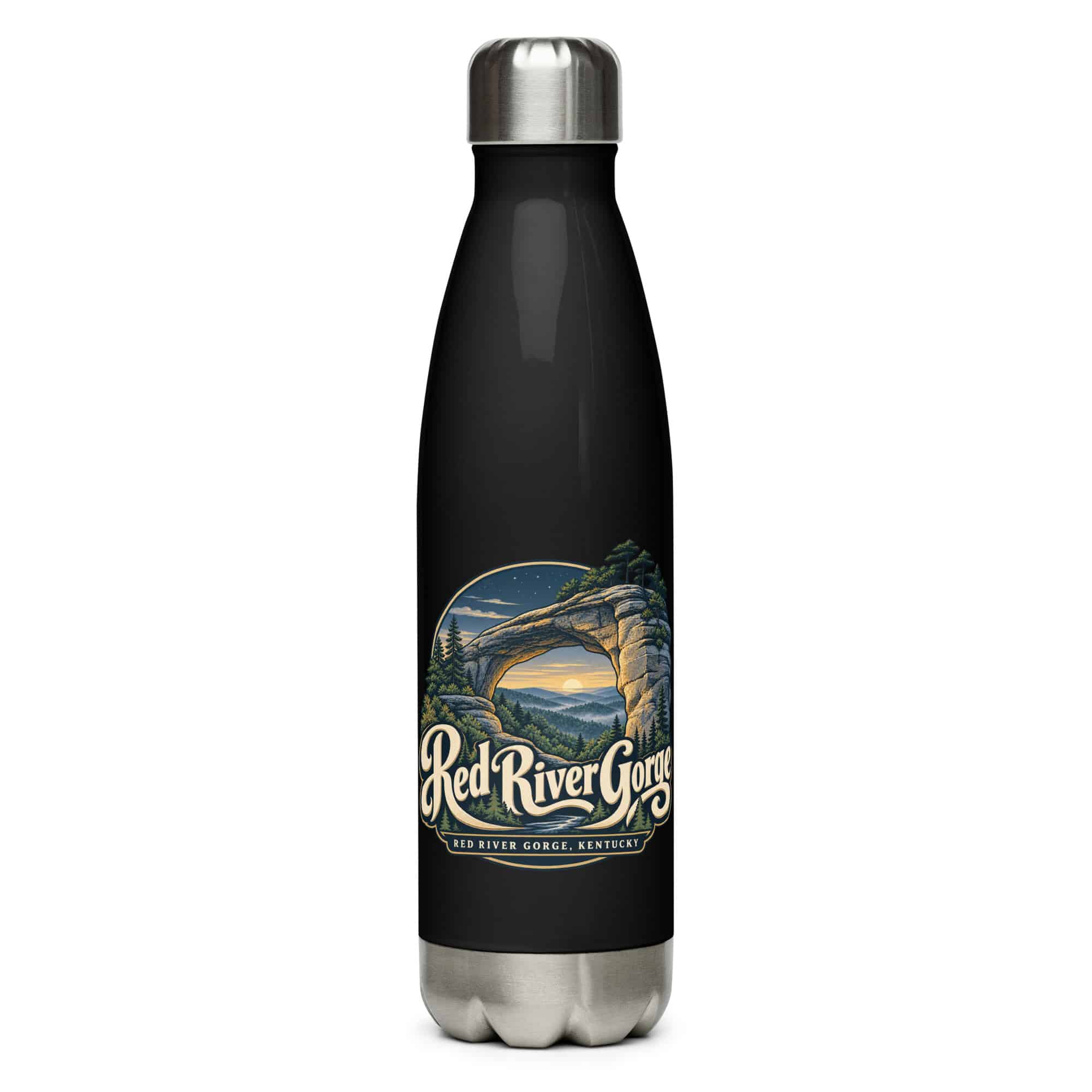Red River Gorge Stainless Steel Water Bottle: Red River Gorge Destination Seal, Woodland Scenic Lettering