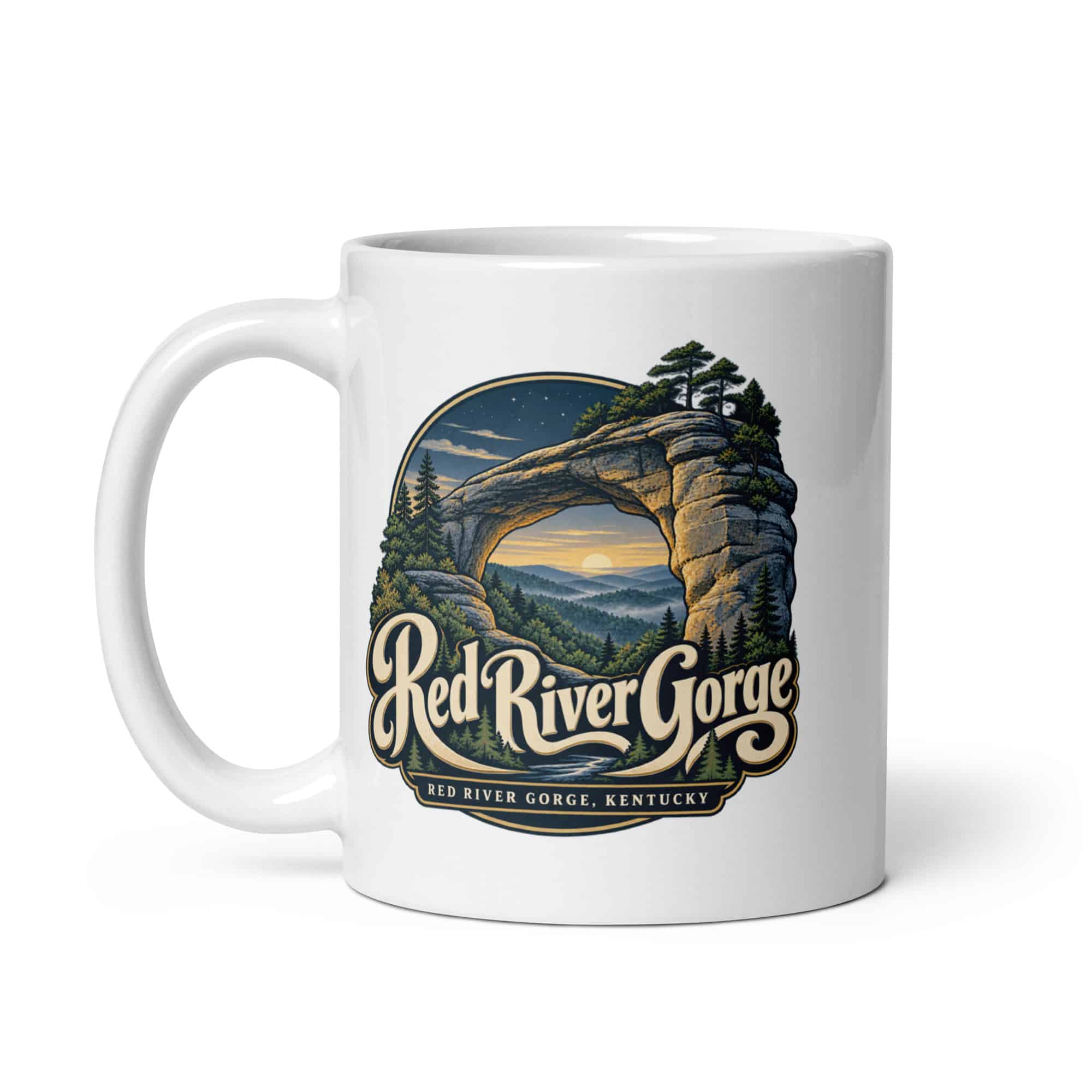 Red River Gorge White Ceramic Coffee Mug: Red River Gorge Destination Seal, Woodland Scenic Lettering