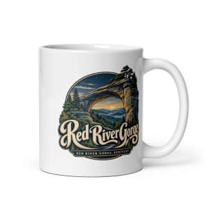 Red River Gorge White Ceramic Coffee Mug: Red River Gorge Destination Seal, Woodland Scenic Lettering - 11 oz - Main