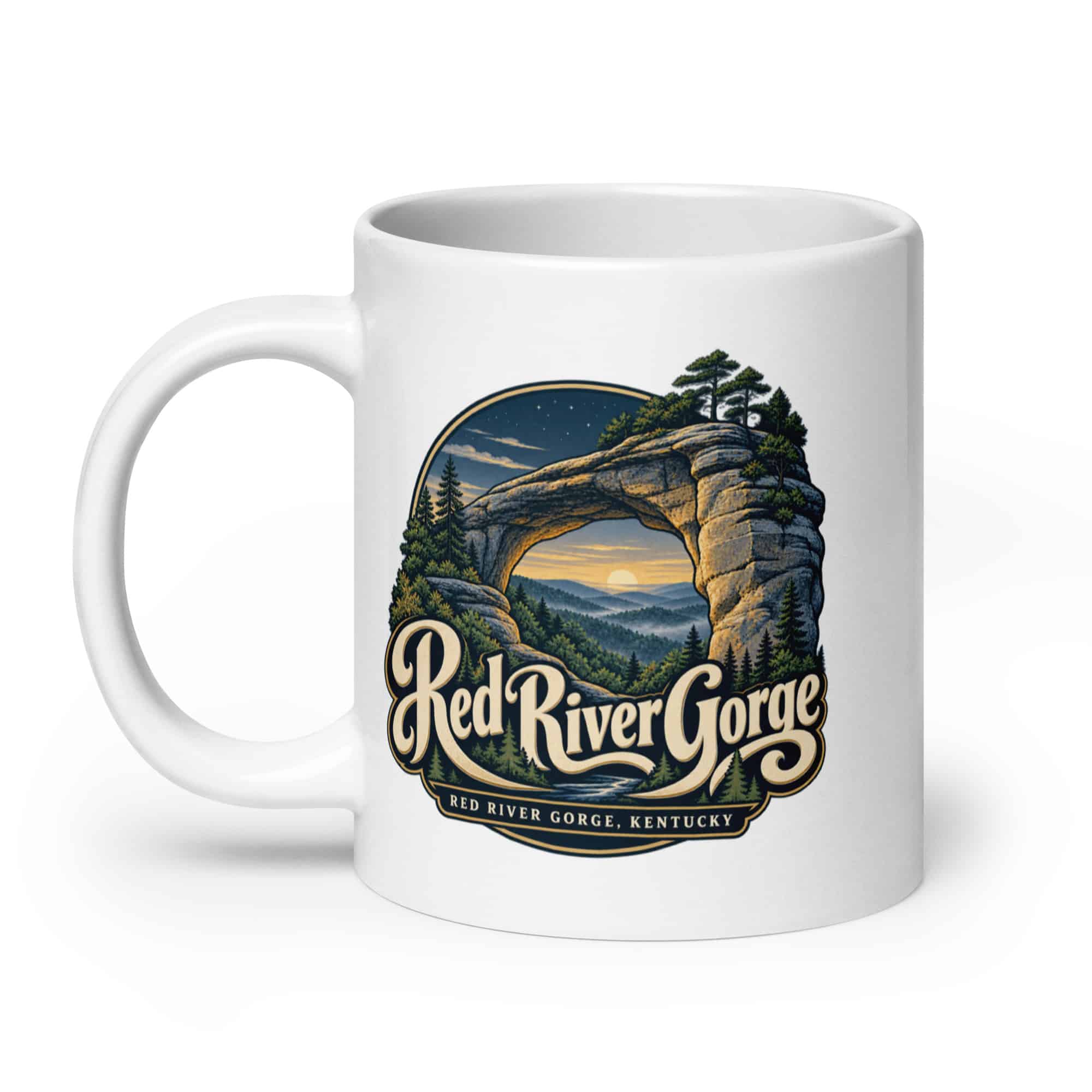 Red River Gorge White Ceramic Coffee Mug: Red River Gorge Destination Seal, Woodland Scenic Lettering
