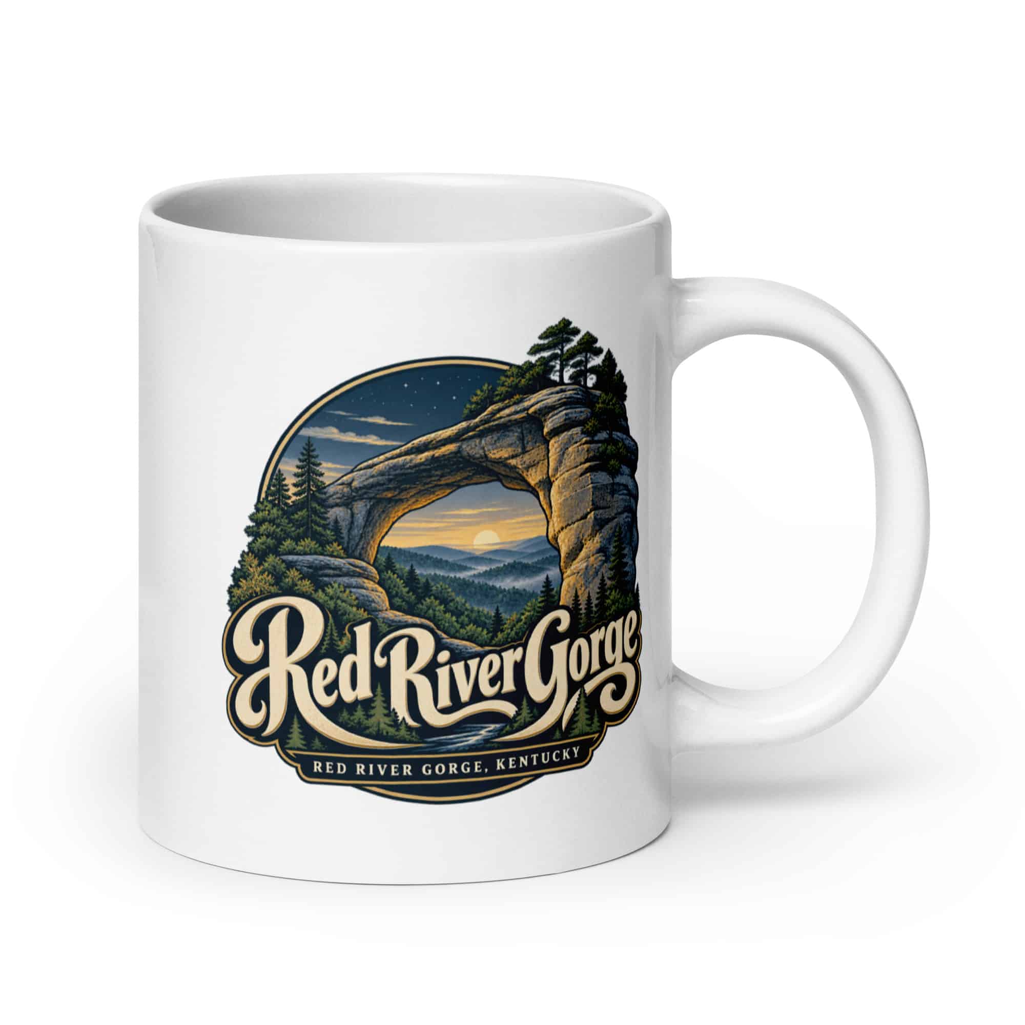 Red River Gorge White Ceramic Coffee Mug: Red River Gorge Destination Seal, Woodland Scenic Lettering