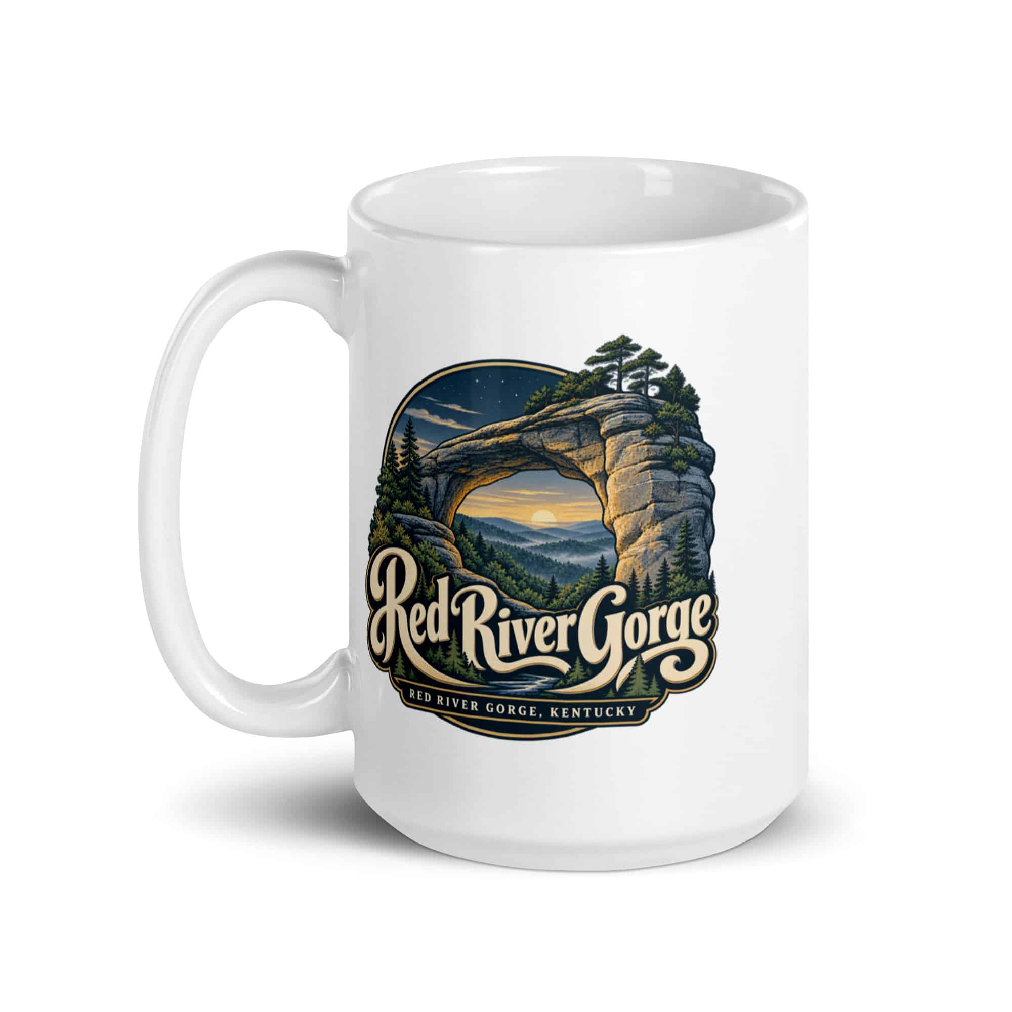 Red River Gorge White Ceramic Coffee Mug: Red River Gorge Destination Seal, Woodland Scenic Lettering